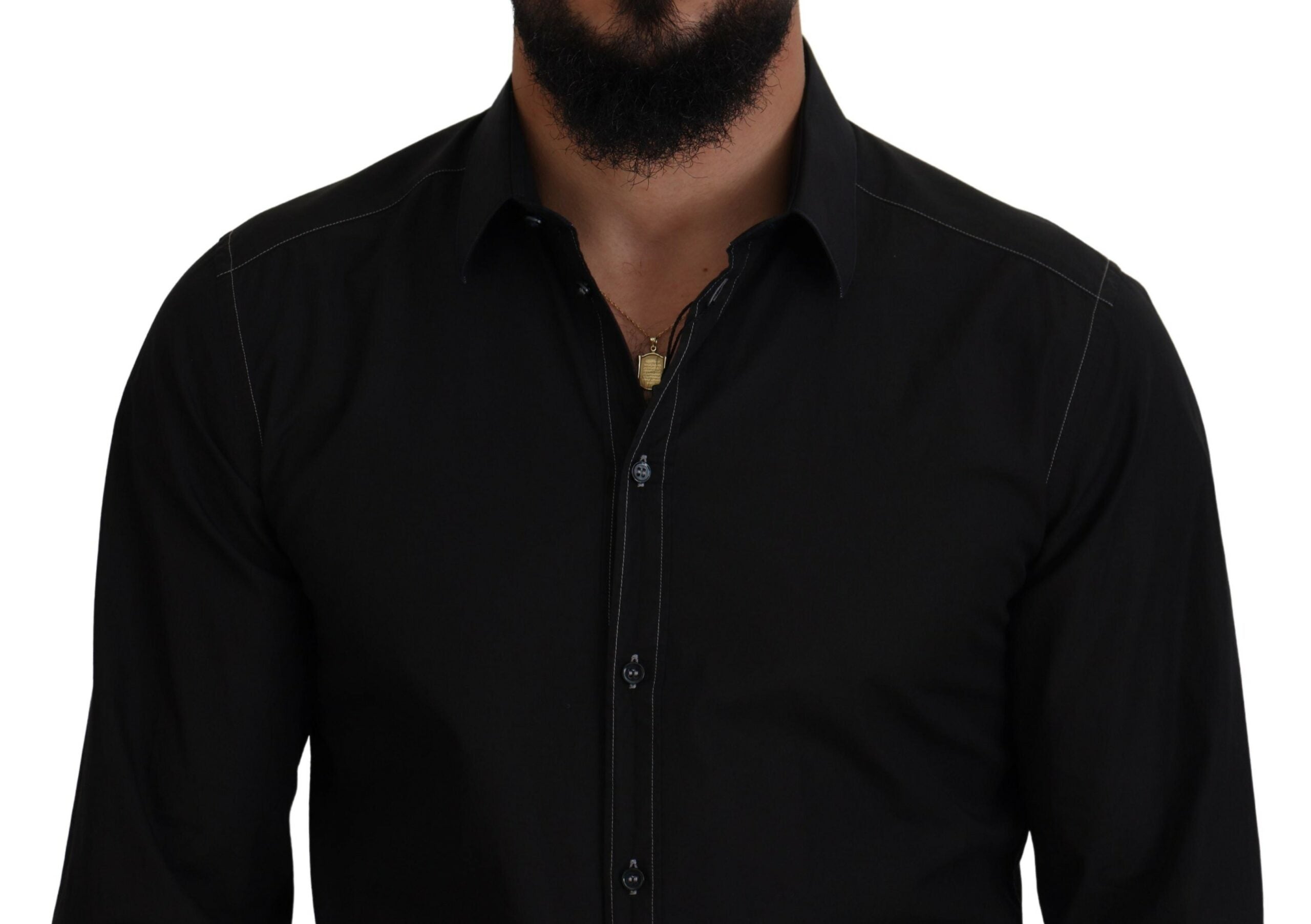 Chemise noire en coton Dolce & Gabbana à col et manches longues avec détails dorés visibles sur l'image.