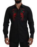 Chemise homme Dolce & Gabbana noire à fleurs brodées en or à manches longues, élégant style floral.