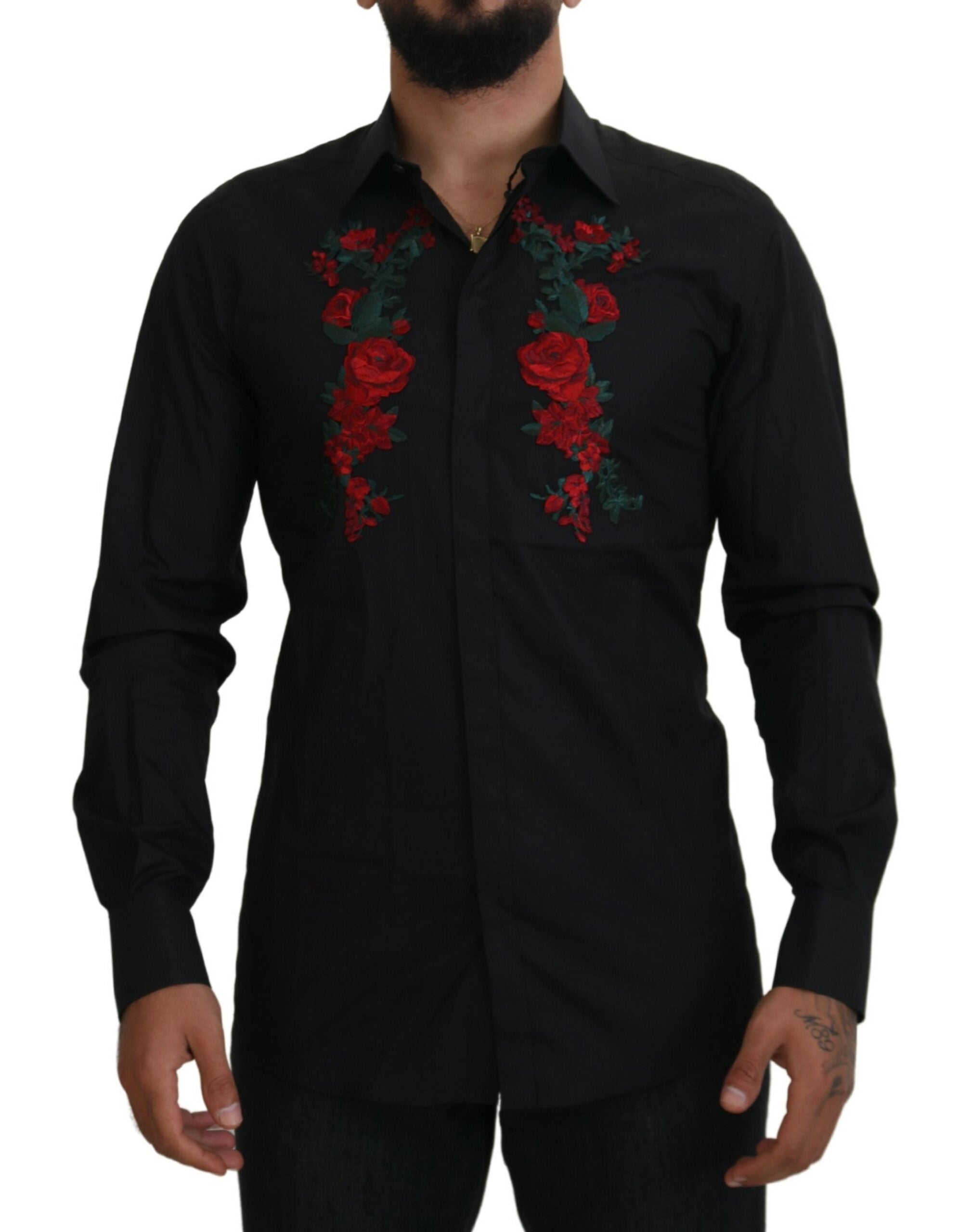 Chemise homme Dolce & Gabbana noire à fleurs brodées en or à manches longues, élégant style floral.