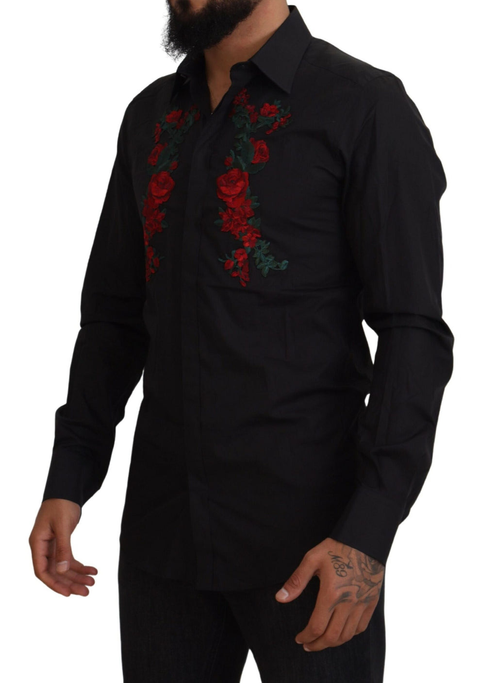 Chemise pour homme Dolce & Gabbana noire à broderie florale en or, manches longues, élégante et sophistiquée.