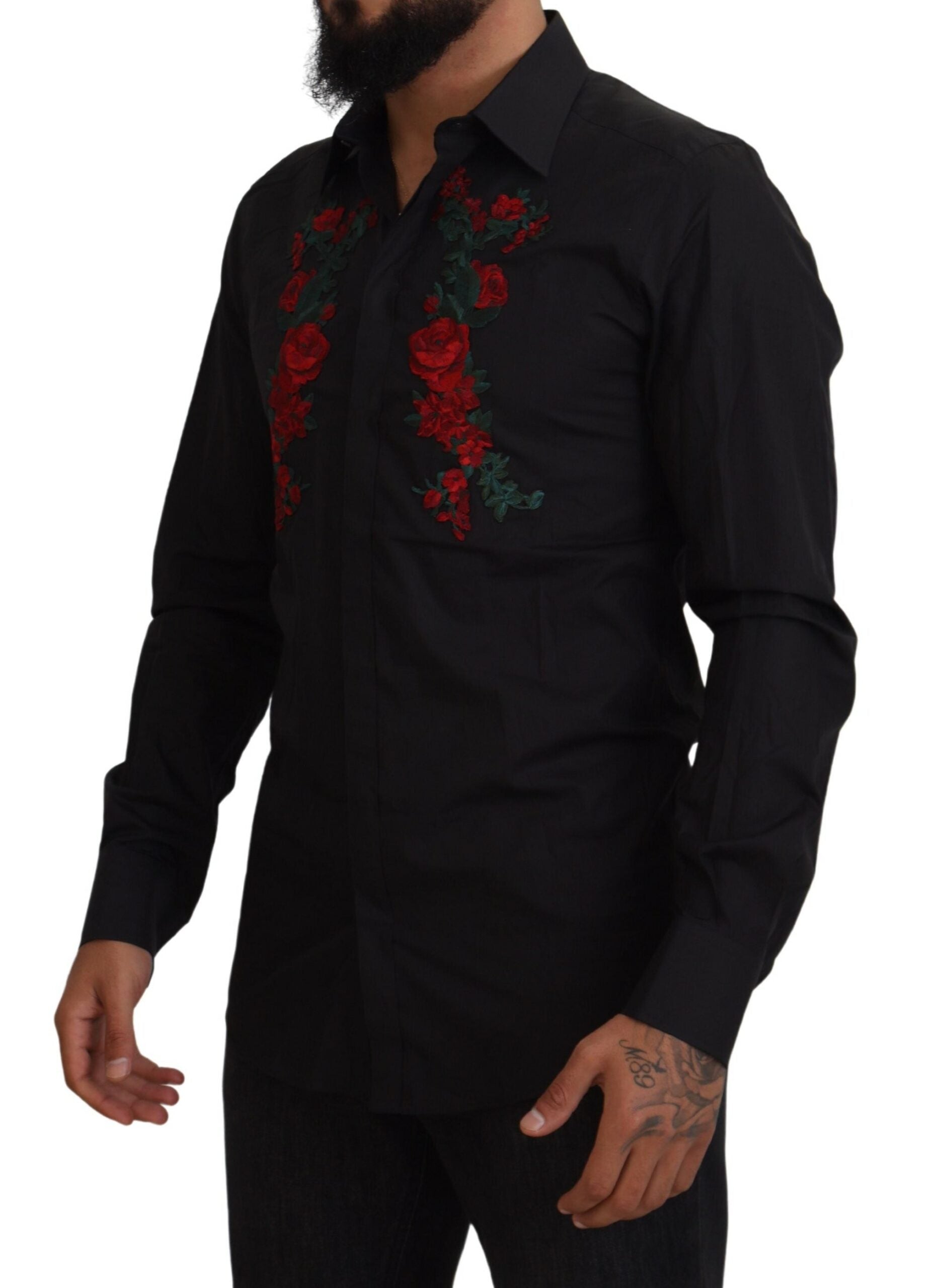 Chemise pour homme Dolce & Gabbana noire à broderie florale en or, manches longues, élégante et sophistiquée.