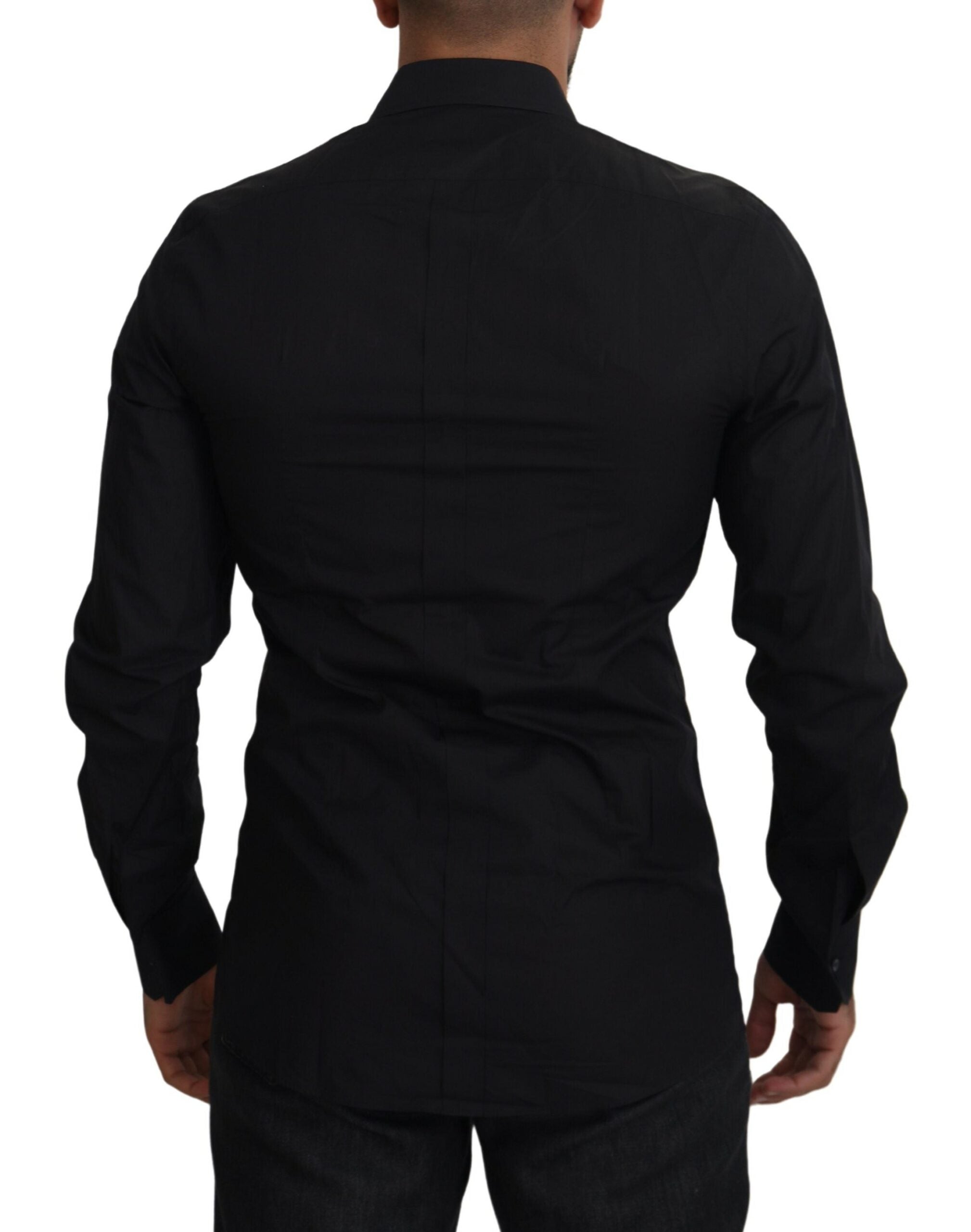 Chemise longue pour homme Dolce & Gabbana noire à broderie florale et manches longues, avec détails dorés.