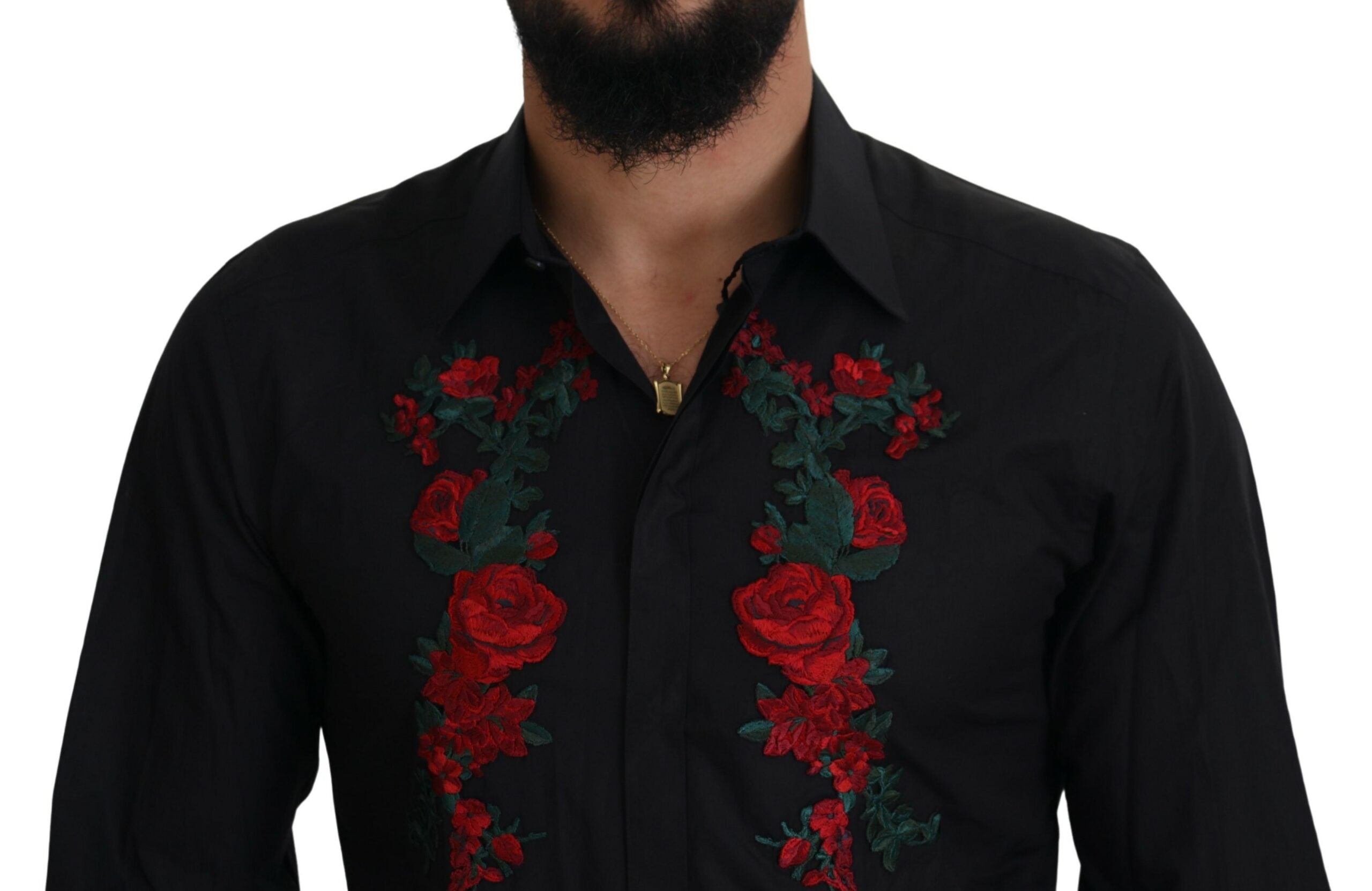 Chemise longue pour homme Dolce & Gabbana noire avec broderie florale et détails en or, manches longues élégantes.