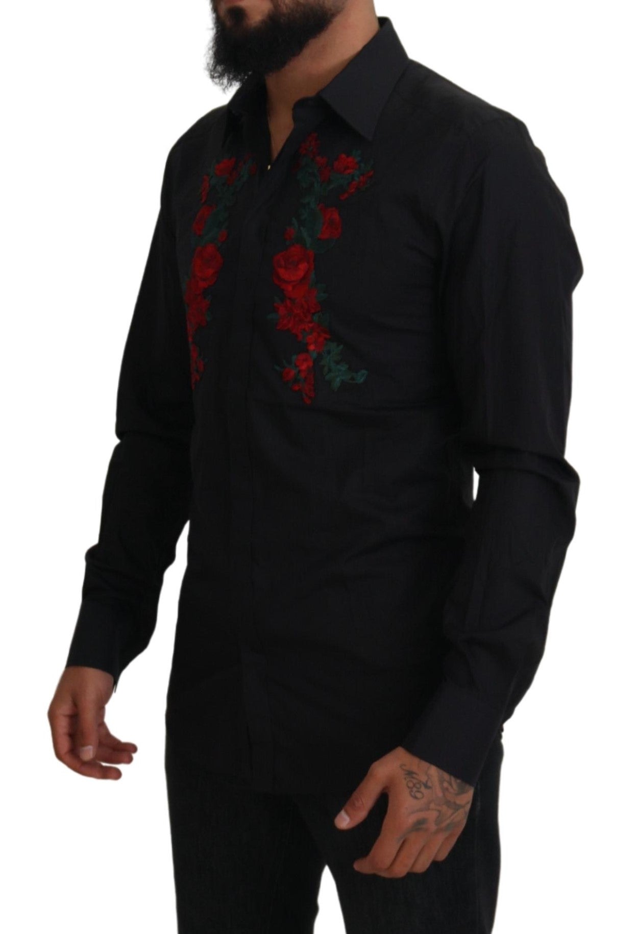 Chemise longue pour homme Dolce & Gabbana noire à broderie florale dorée et manches longues, élégance sophistiquée.