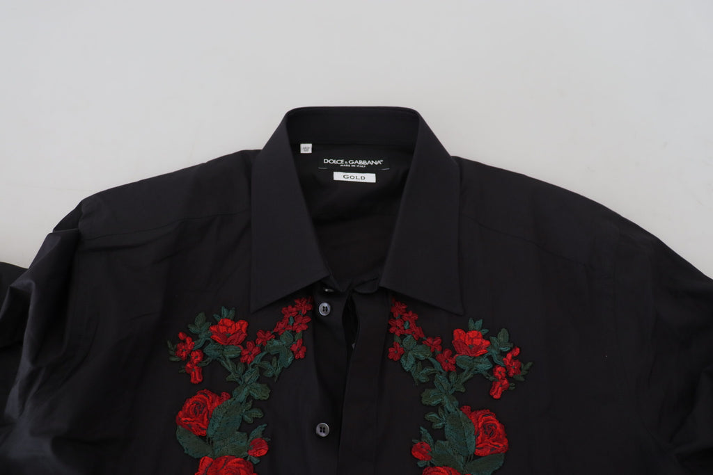 Chemise noire pour homme Dolce & Gabbana avec broderie florale et manches longues, ornée de détails en or.