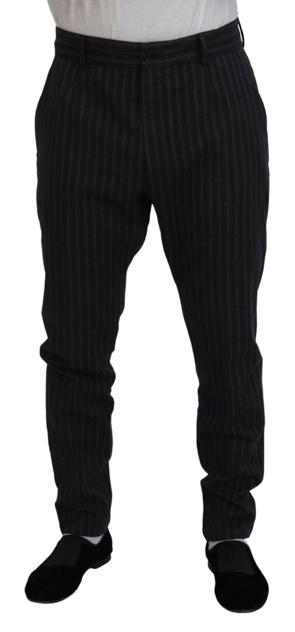 Pantalon chino Dolce & Gabbana gris foncé à rayures, pantalon de costume élégant pour homme, vue de face.
