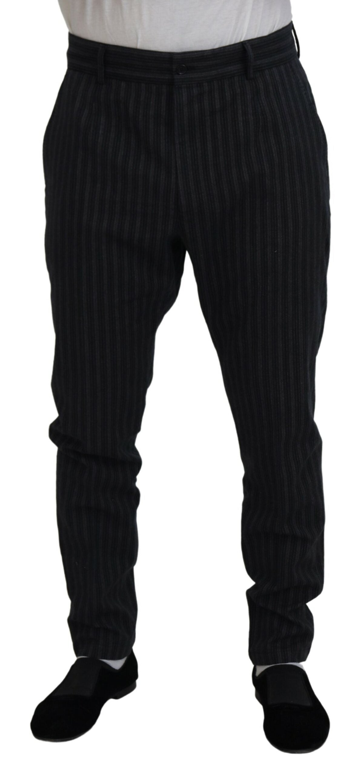 Pantalon chino Dolce & Gabbana gris foncé à rayures, pantalon de costume élégant pour homme, vue de face.