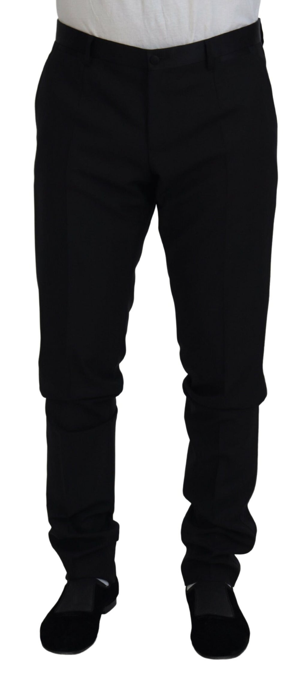 Pantalons chics en laine noire Dolce & Gabbana, style chino formel pour homme, avec coupe élégante et détails sophistiqués.