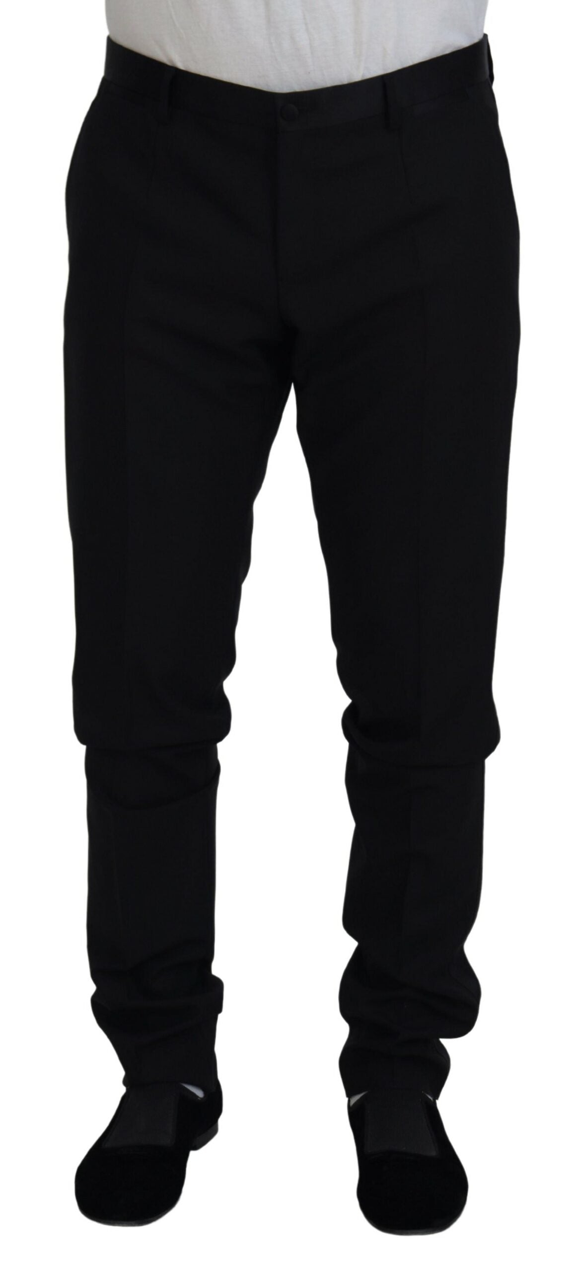 Pantalons chics en laine noire Dolce & Gabbana, style chino formel pour homme, avec coupe élégante et détails sophistiqués.