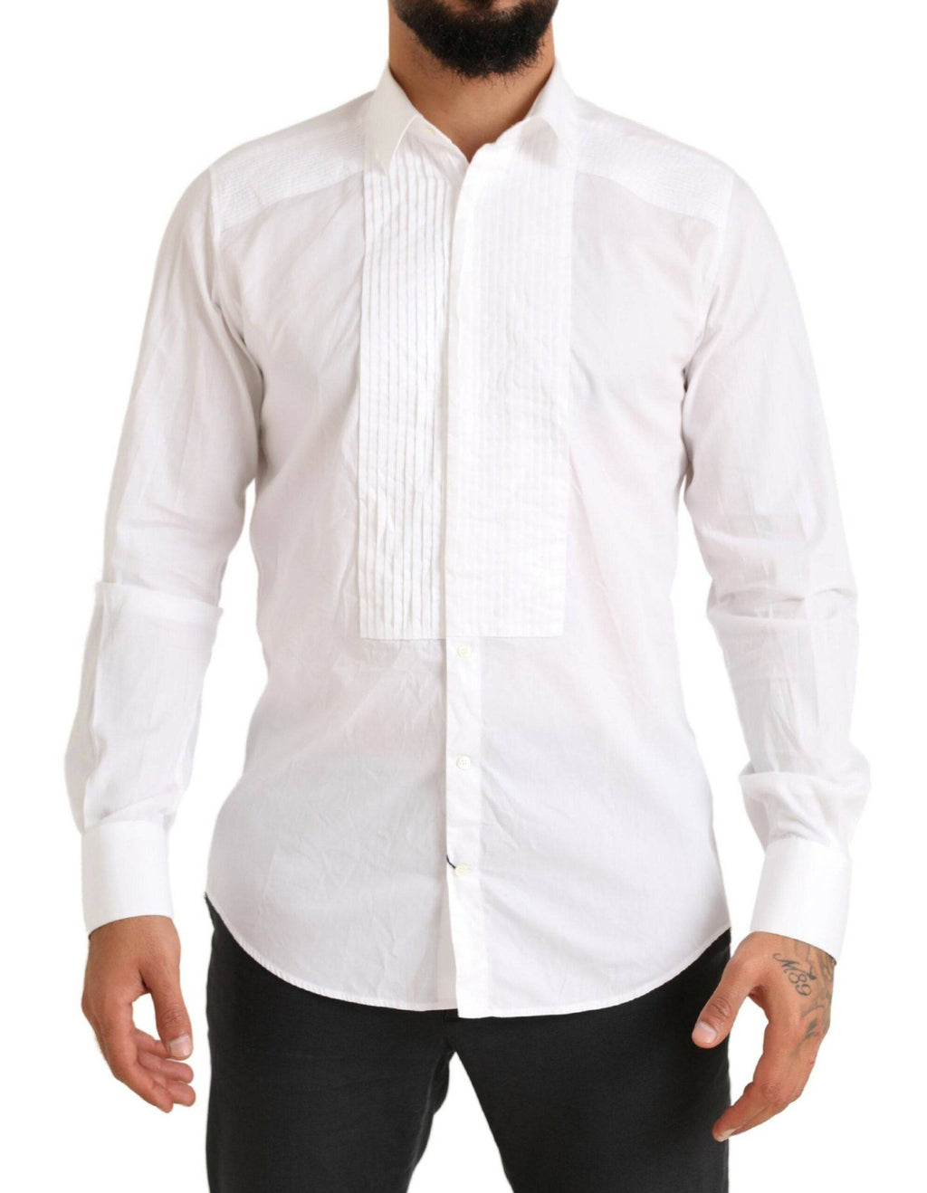 Chemise de smoking en coton blanc Dolce & Gabbana avec détails en or, vêtement formel élégant pour homme.
