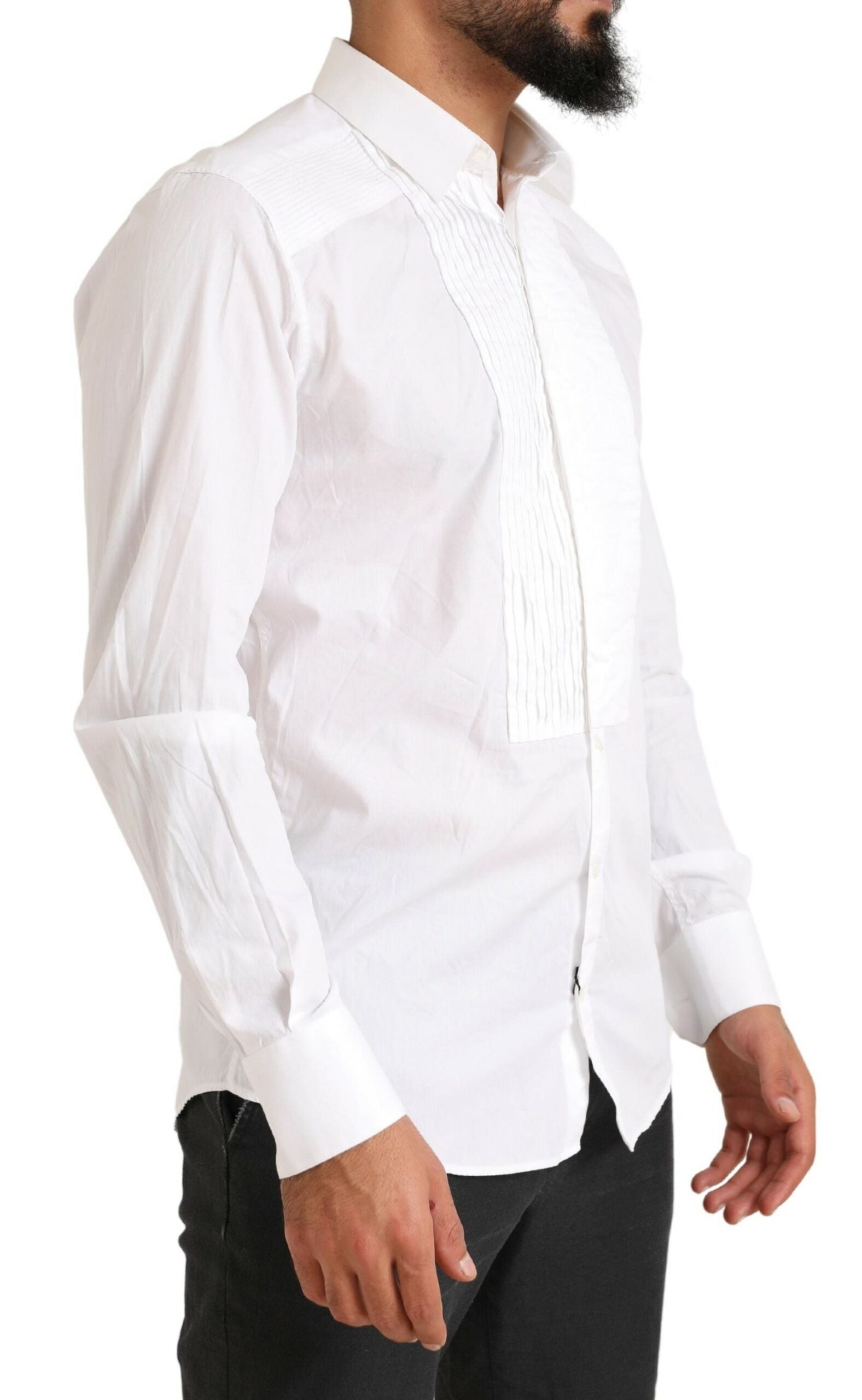 Chemise de smoking blanche en coton Dolce & Gabbana avec boutons dorés, costume formel élégante et raffinée.