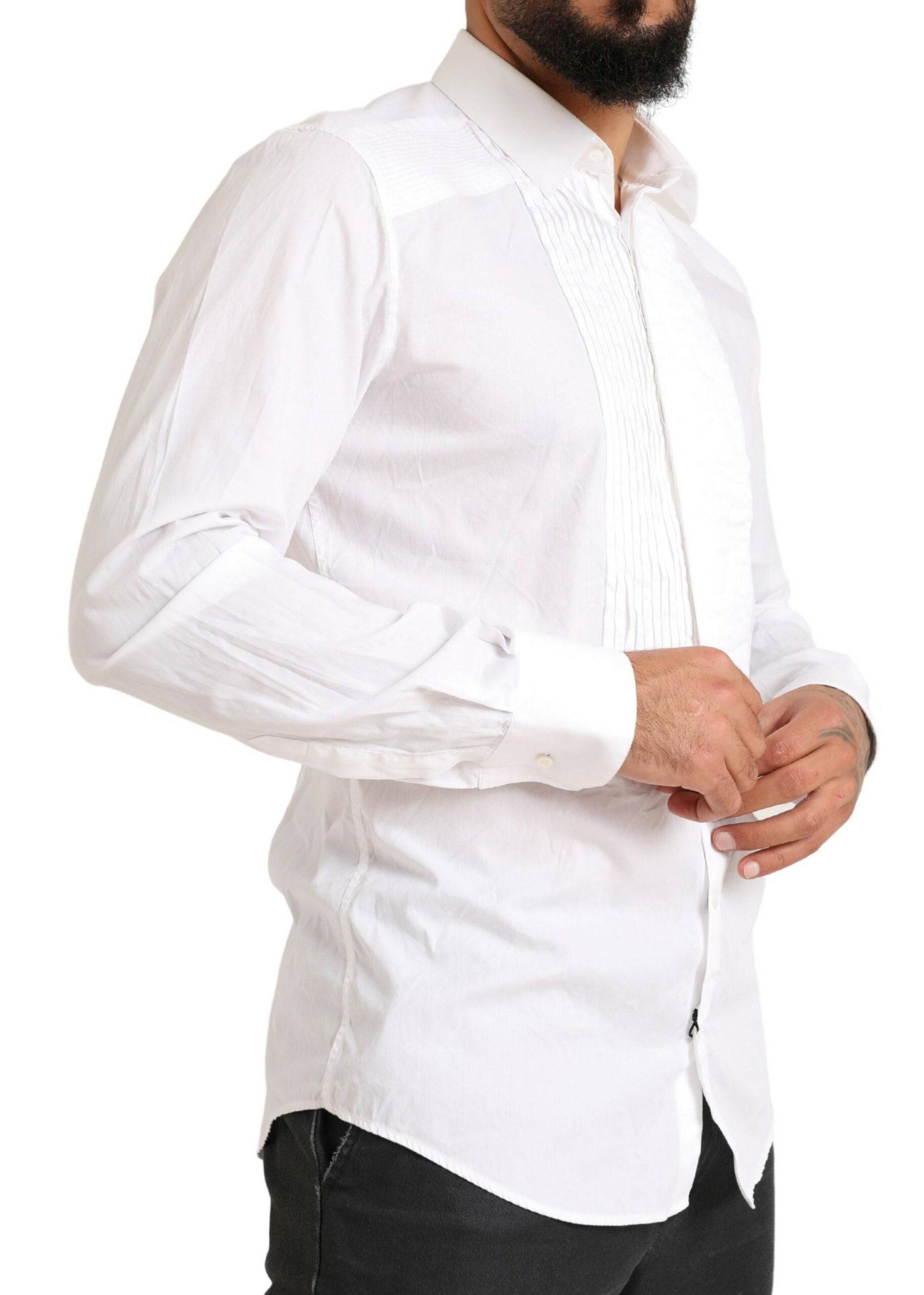 Chemise de smoking blanche en coton Dolce & Gabbana, élégante chemise formelle avec détails en or, pour femme ou homme.