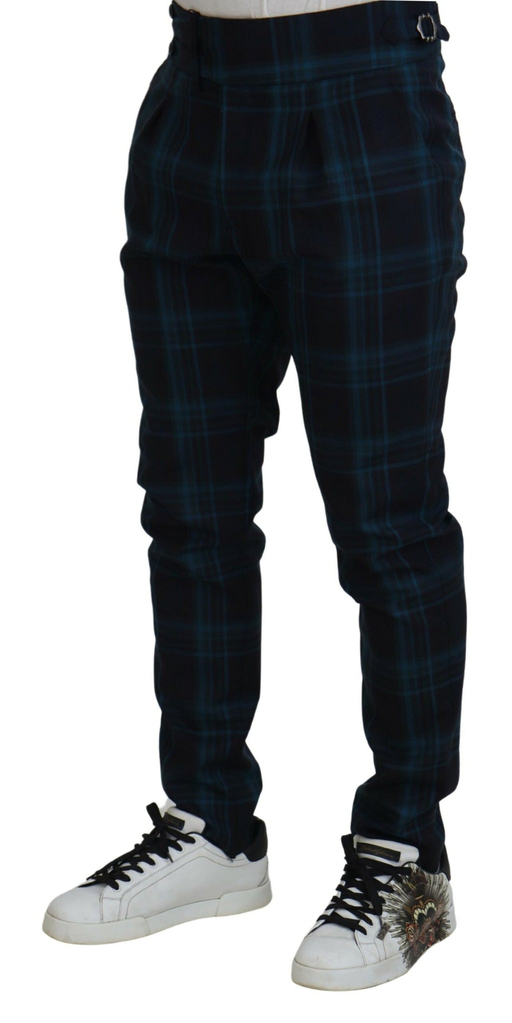 Pantalon en laine à carreaux bleu et violet de Dolce & Gabbana, pantalon élégant pour femme.