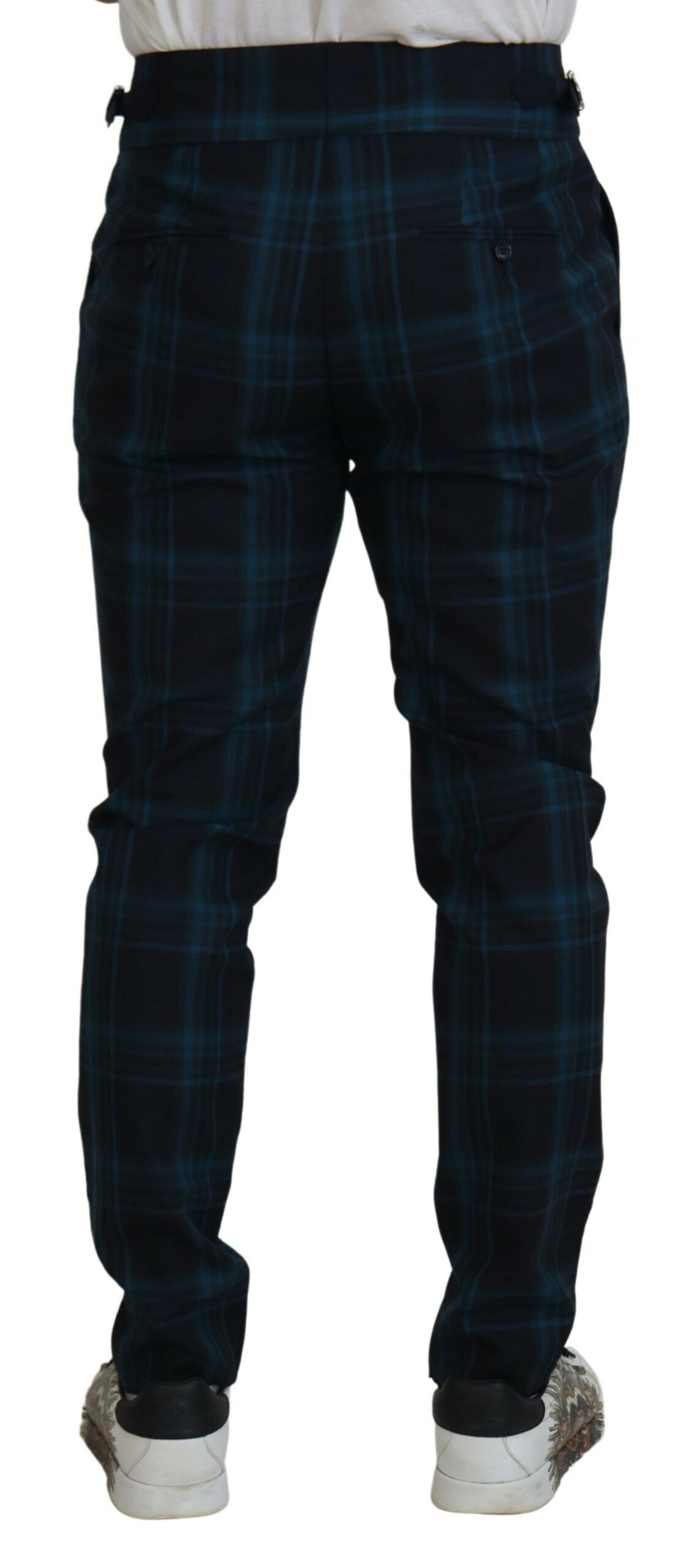 Pantalon en laine à carreaux bleu et violet de Dolce & Gabbana, pantalon élégant pour femme.