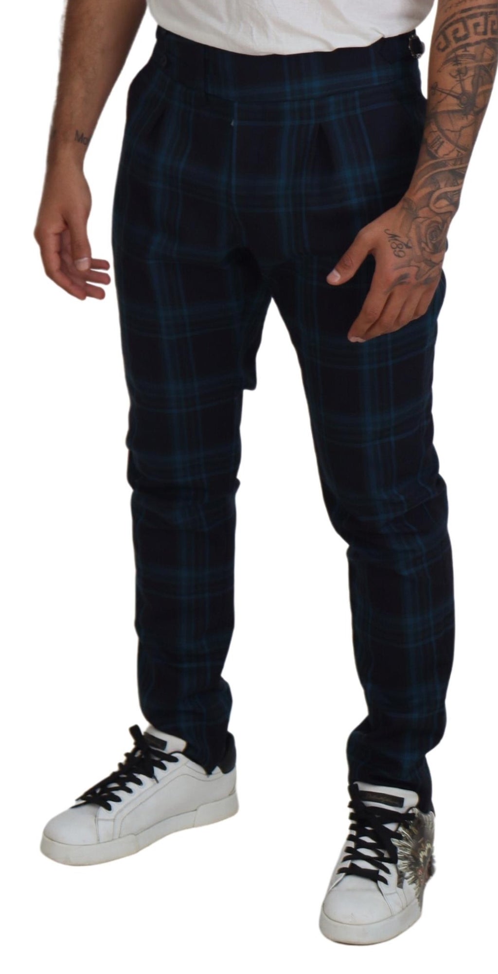Pantalons en laine à carreaux bleu et violet de Dolce & Gabbana, style pantalon classique avec motif à carreaux.