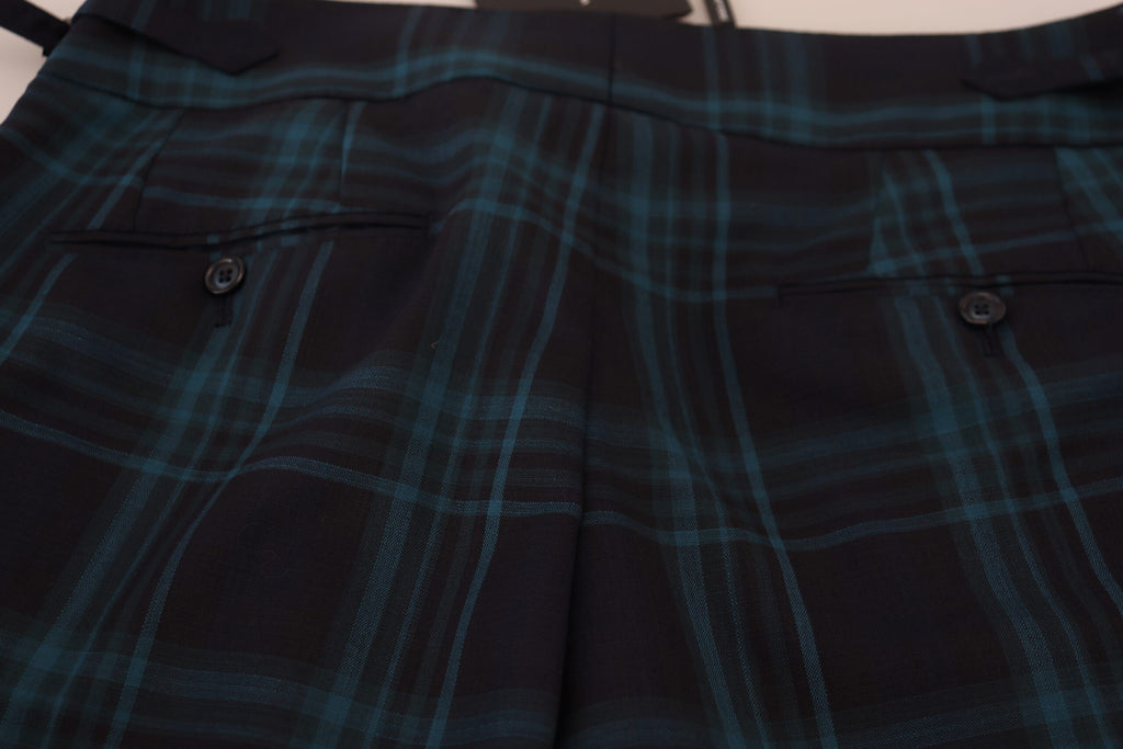 Pantalon en laine à carreaux bleu et violet de Dolce & Gabbana, style élégant et décontracté, vue de face.