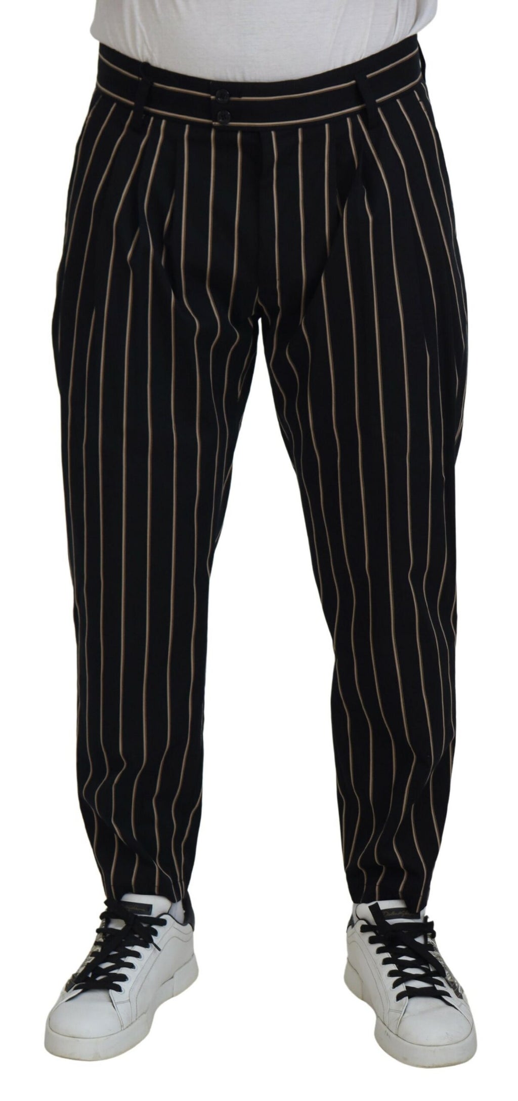 Pantalon en coton stretch noir et beige à rayures de Dolce & Gabbana, style élégant et confortable pour homme.