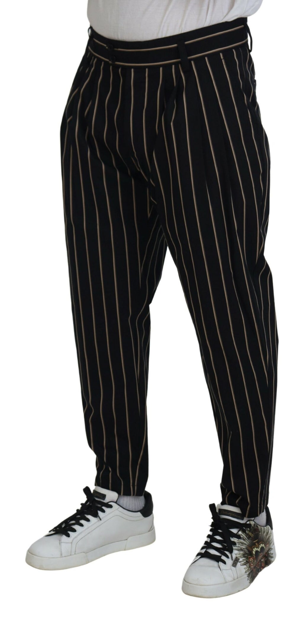 Pantalons en coton stretch noir et beige à rayures de Dolce & Gabbana, coupe ajustée et détails élégants.