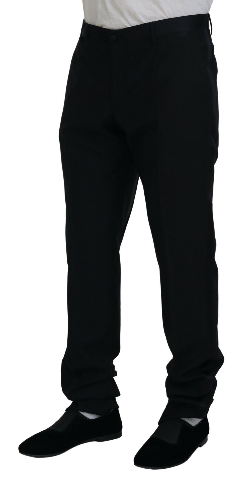 Pantalon en laine et soie noir de Dolce & Gabbana, robe élégante avec détails sophistiqués, vue de face sur fond neutre