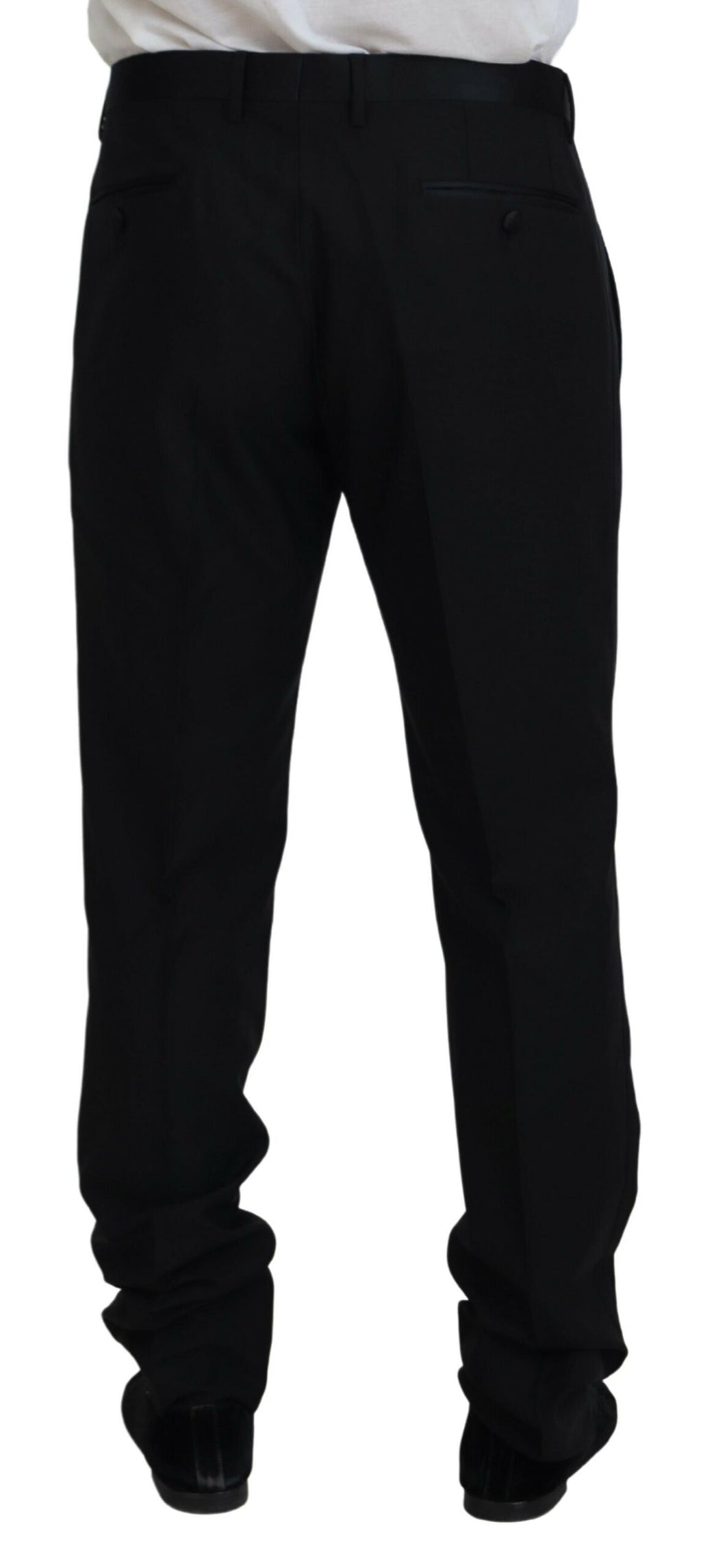 Pantalon en laine et soie noir Dolce & Gabbana, style élégant avec coupe ajustée, visible sur le mannequin.