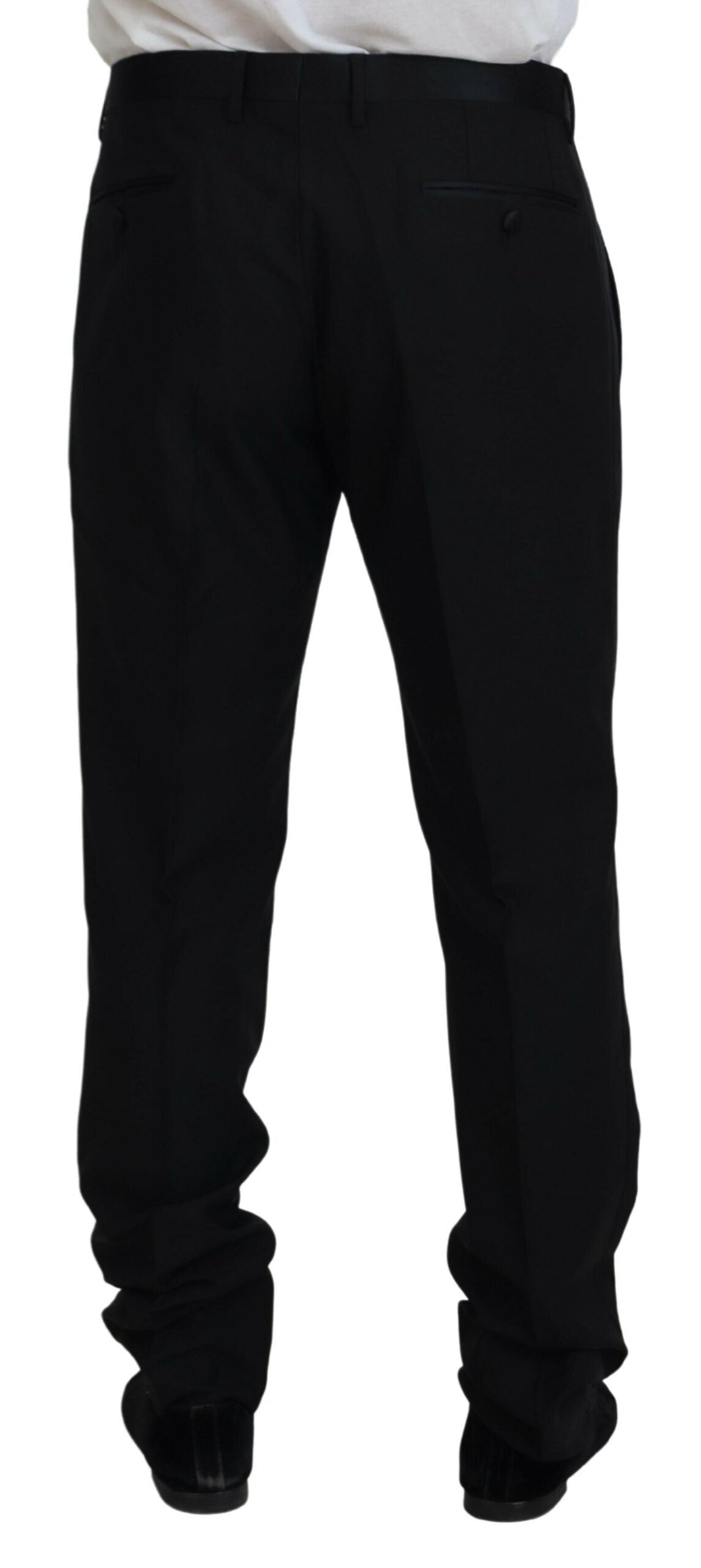 Pantalon en laine et soie noir Dolce & Gabbana, style élégant avec coupe ajustée, visible sur le mannequin.