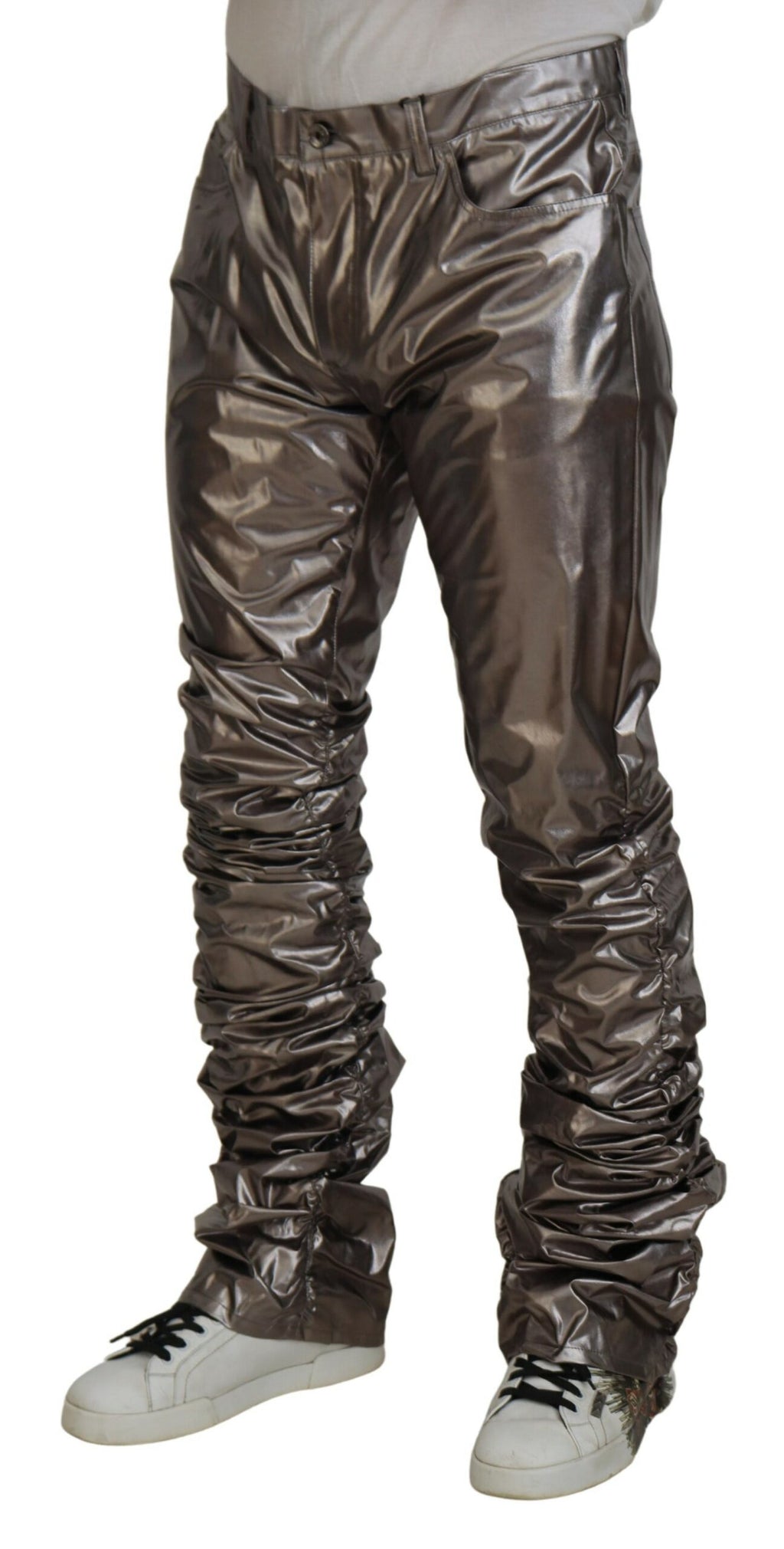 Pantalons en nylon stretch métallisé argenté de Dolce & Gabbana, coupe slim et design élégant.