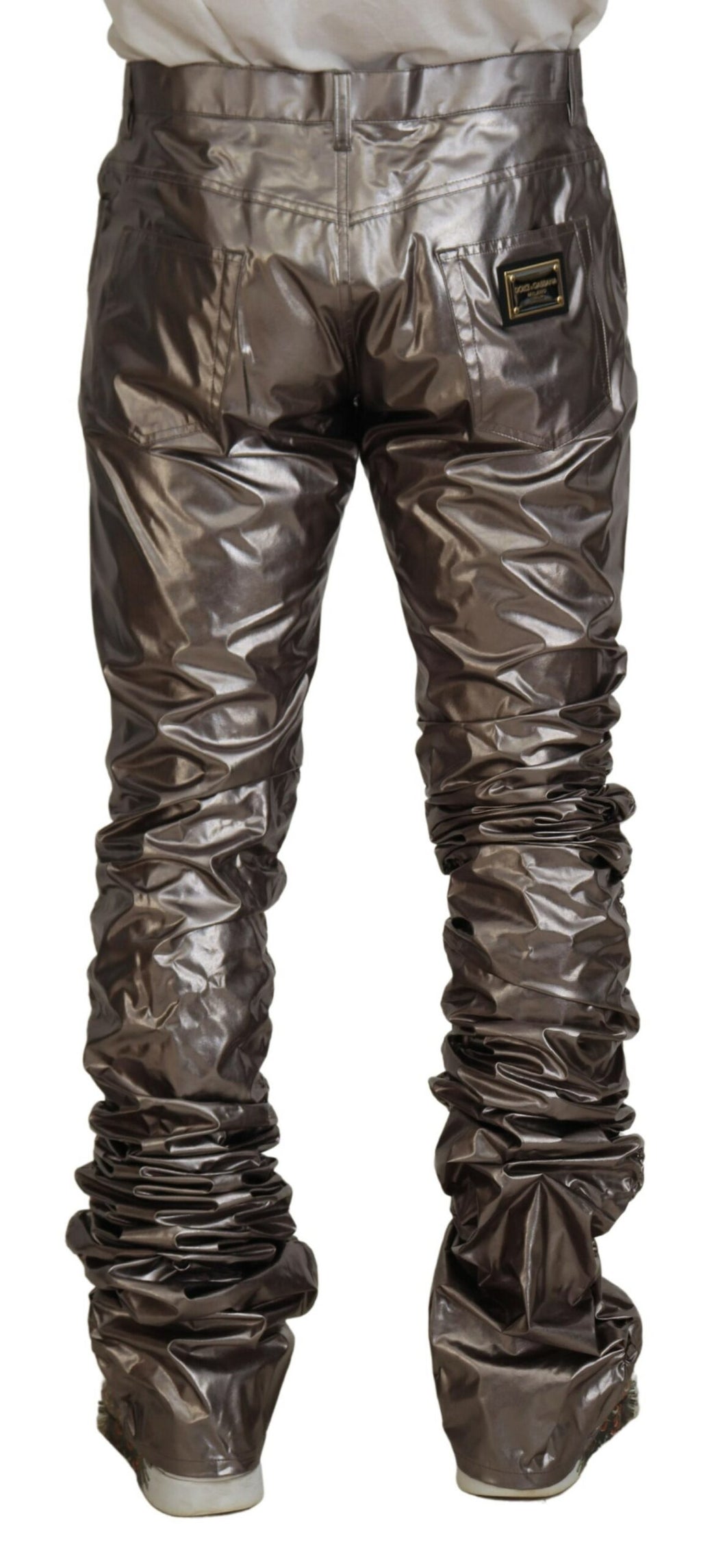 Pantalon en nylon stretch argenté métallique Dolce & Gabbana, ajusté, avec finition élégante et style moderne.