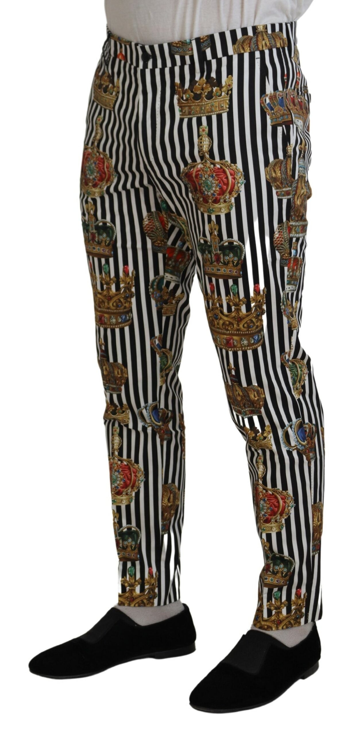 Pantalon Dolce & Gabbana en coton blanc stretch avec ceinture en forme de couronne, élégant et ajusté, pour un style sophistiqué.