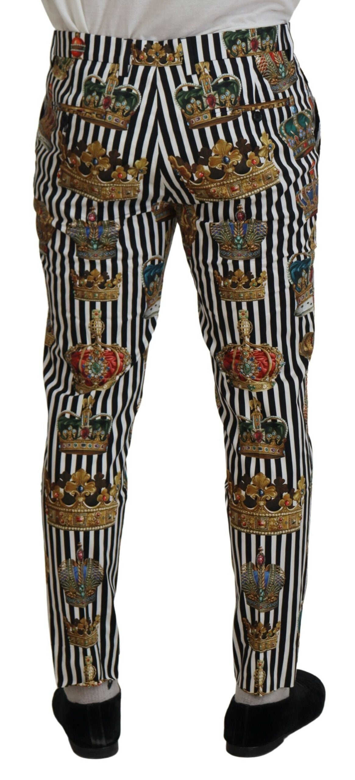 Pantalon Dolce & Gabbana en coton blanc stretch avec ceinture en forme de couronne, élégant et ajusté.