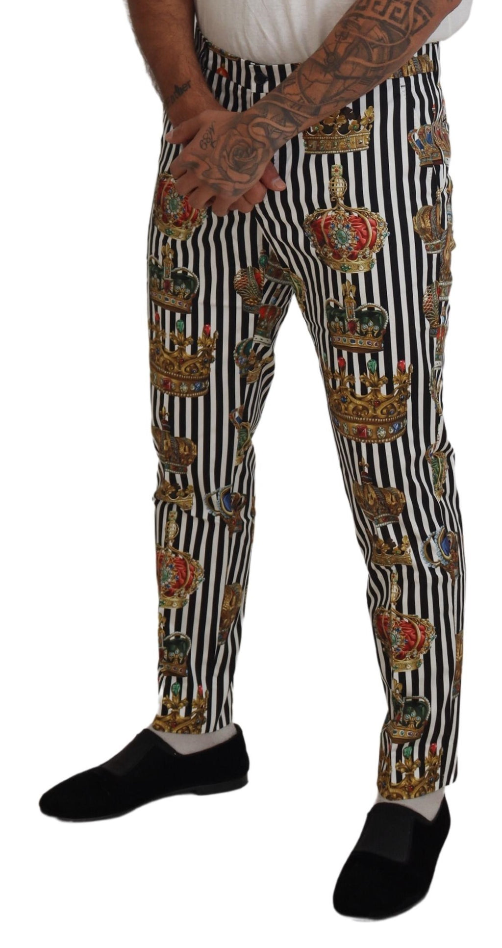 Pantalon Dolce & Gabbana en coton blanc, ajusté, avec une taille haute et une coupe élégante.
