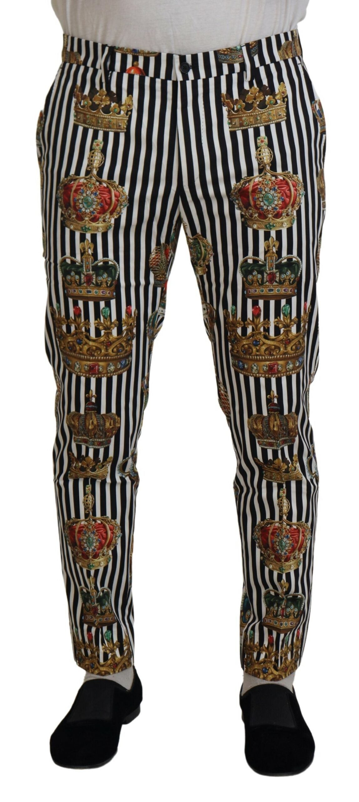 Pantalon Dolce & Gabbana blanc en coton stretch avec ceinture en forme de couronne, style élégant et moderne.