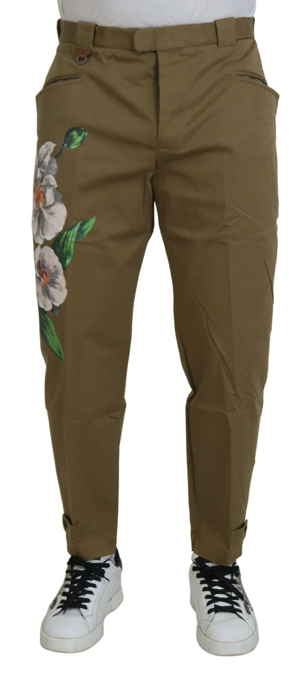 Pantalon chino en coton stretch beige à fleurs de Dolce & Gabbana, vue de face avec détails floraux.
