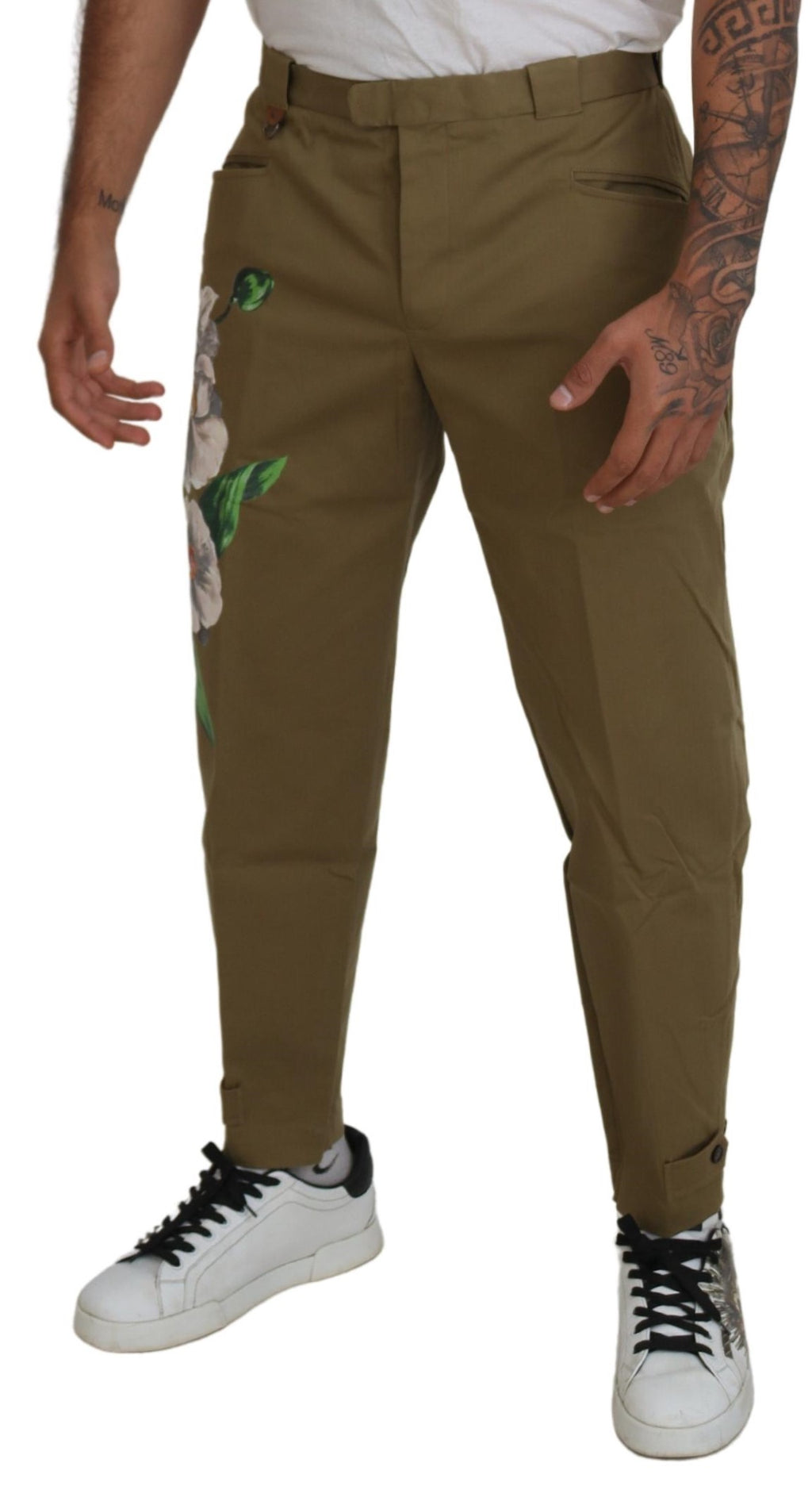 Pantalons chinos en coton extensible beige à fleurs de Dolce & Gabbana, style élégant et confortable.