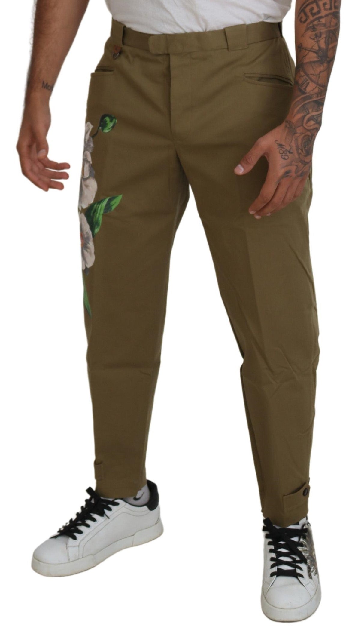 Pantalons chinos en coton extensible beige à fleurs de Dolce & Gabbana, style élégant et confortable.