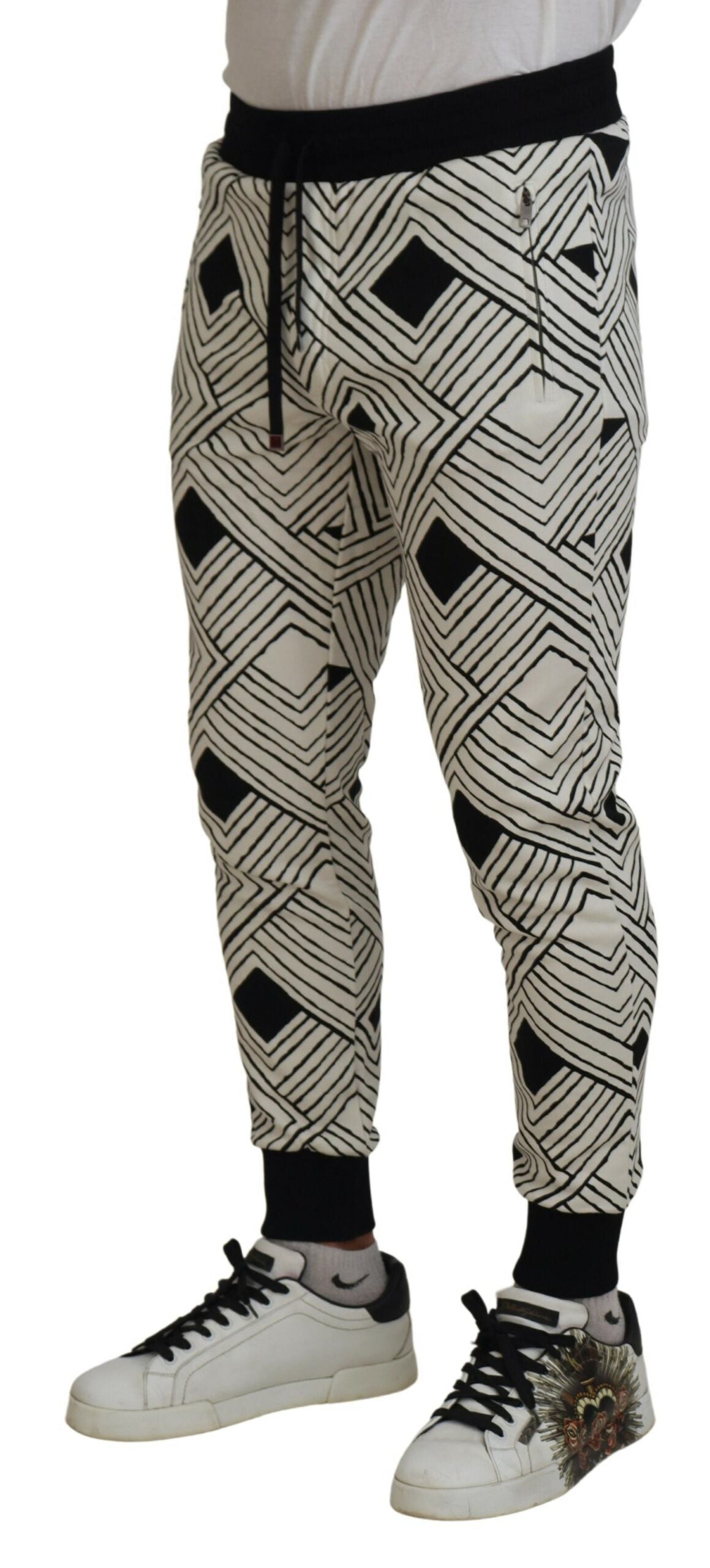 Pantalons de sport Dolce & Gabbana en coton noir et blanc, pantalons décontractés avec logo de la marque.