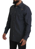 Chemise en denim coton bleu Dolce & Gabbana avec détails en cristal et motif abeille, élégante et tendance.