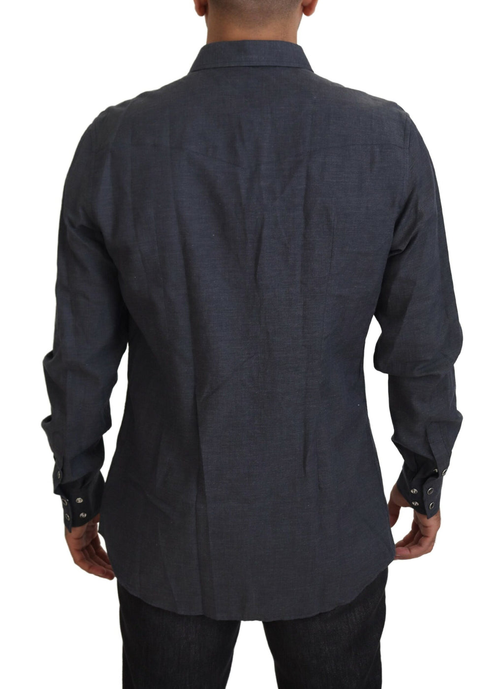 Chemise en denim coton bleu Dolce & Gabbana avec broderie cristal abeille, manches longues et col classique.