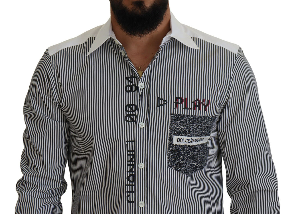 Chemise slim fit à rayures gris et blanc Dolce & Gabbana, vue en gros plan sur le tissu et le motif rayé.