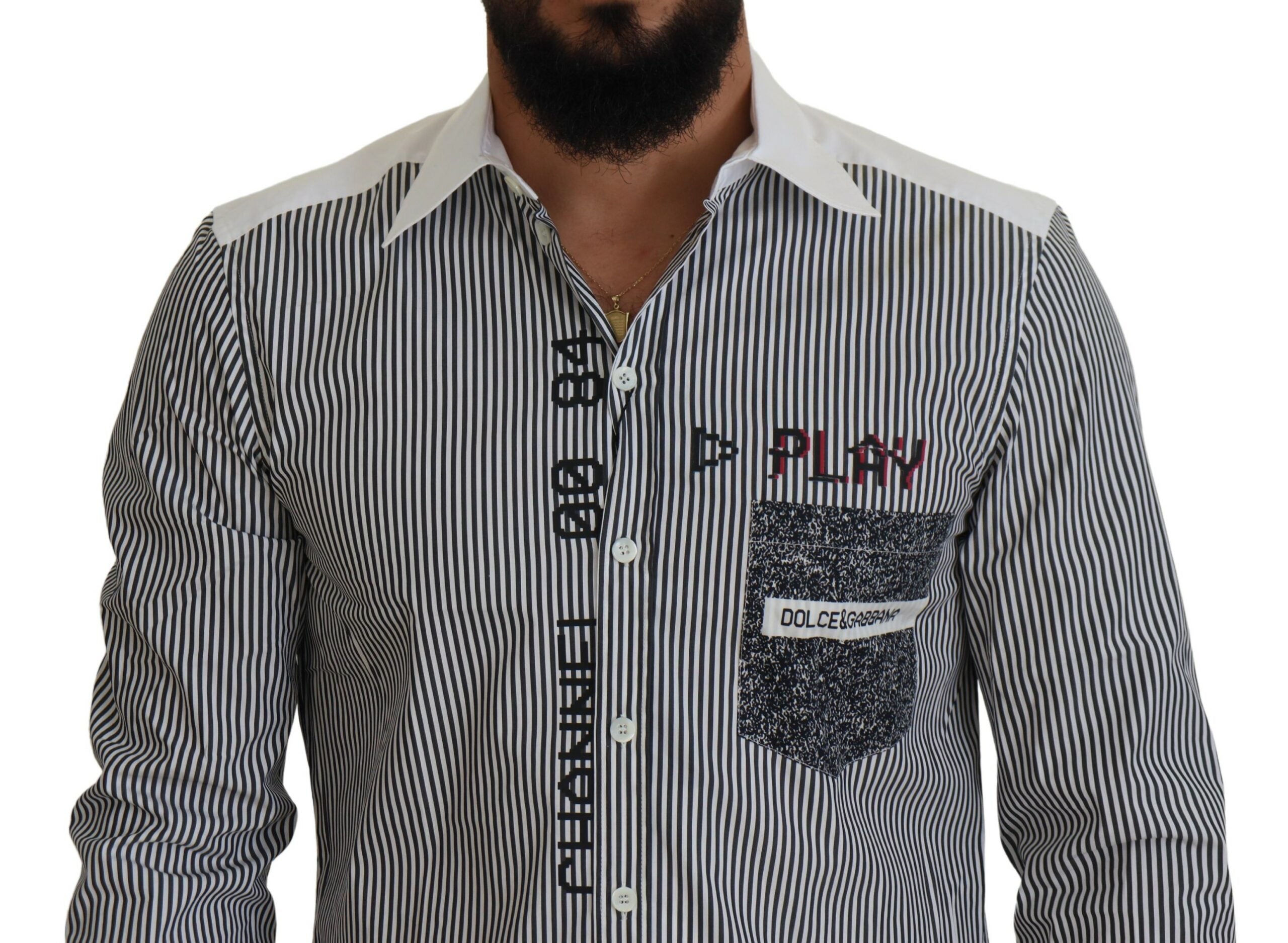 Chemise slim fit à rayures gris et blanc Dolce & Gabbana, vue en gros plan sur le tissu et le motif rayé.