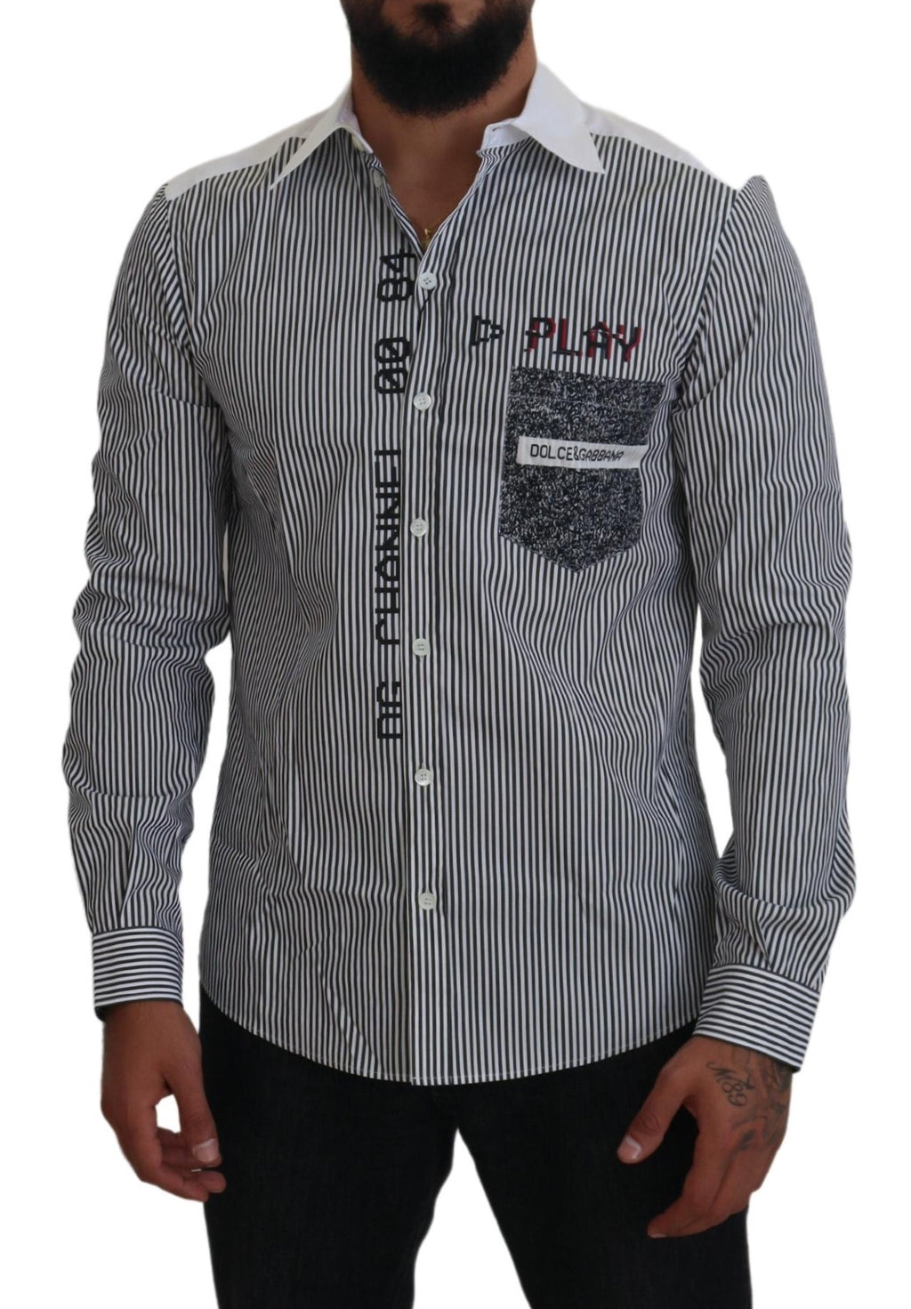 Chemise slim fit à rayures gris et blanc de Dolce & Gabbana, élégante et ajustée, visible en détail sur l’image.