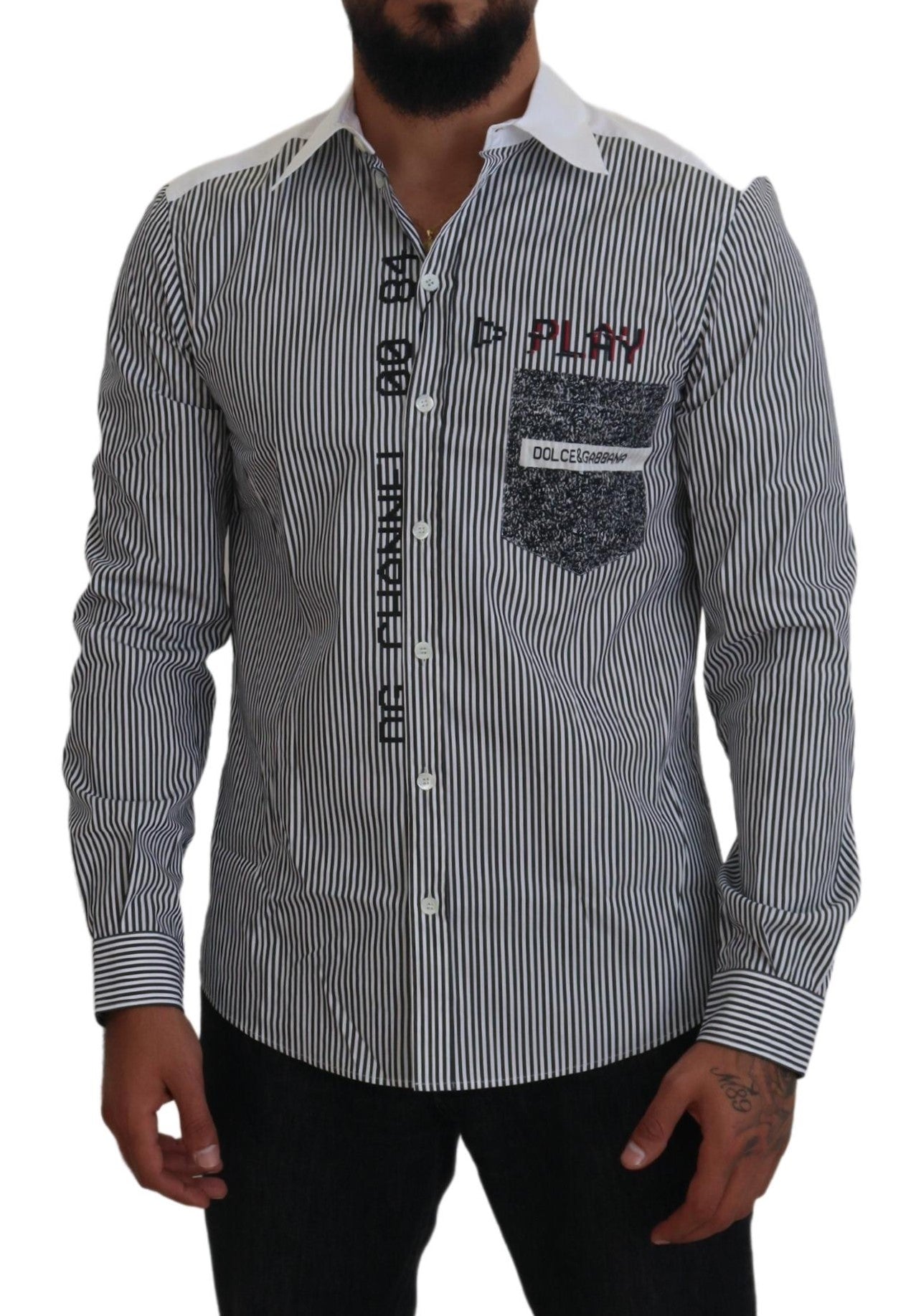 Chemise slim fit à rayures gris et blanc de Dolce & Gabbana, élégante et ajustée, visible en détail sur l’image.