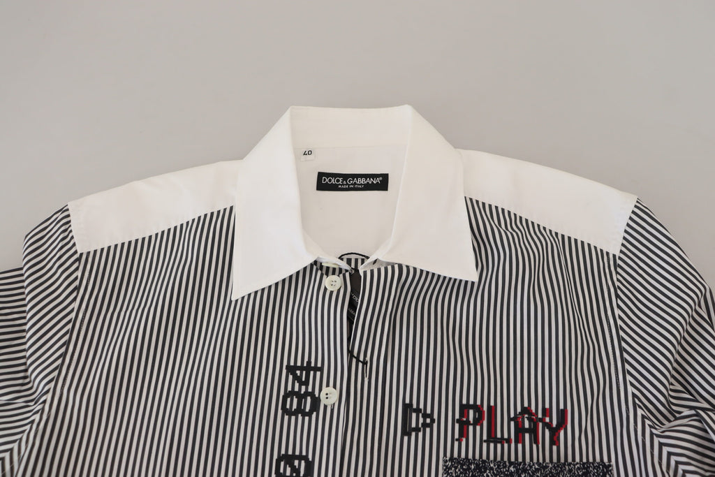 Chemise slim fit Dolce & Gabbana gris blanc à rayures, en tissu léger avec col et boutons visibles.