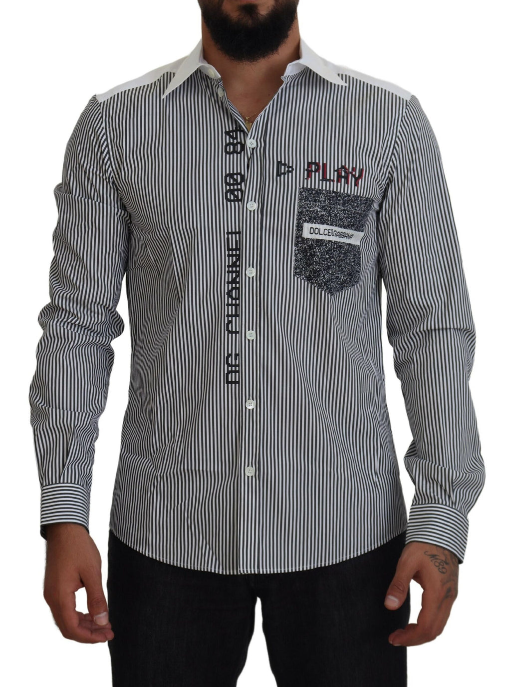 Chemise slim fit à rayures grises et blanches Dolce & Gabbana, vue de face, élégante et moderne.