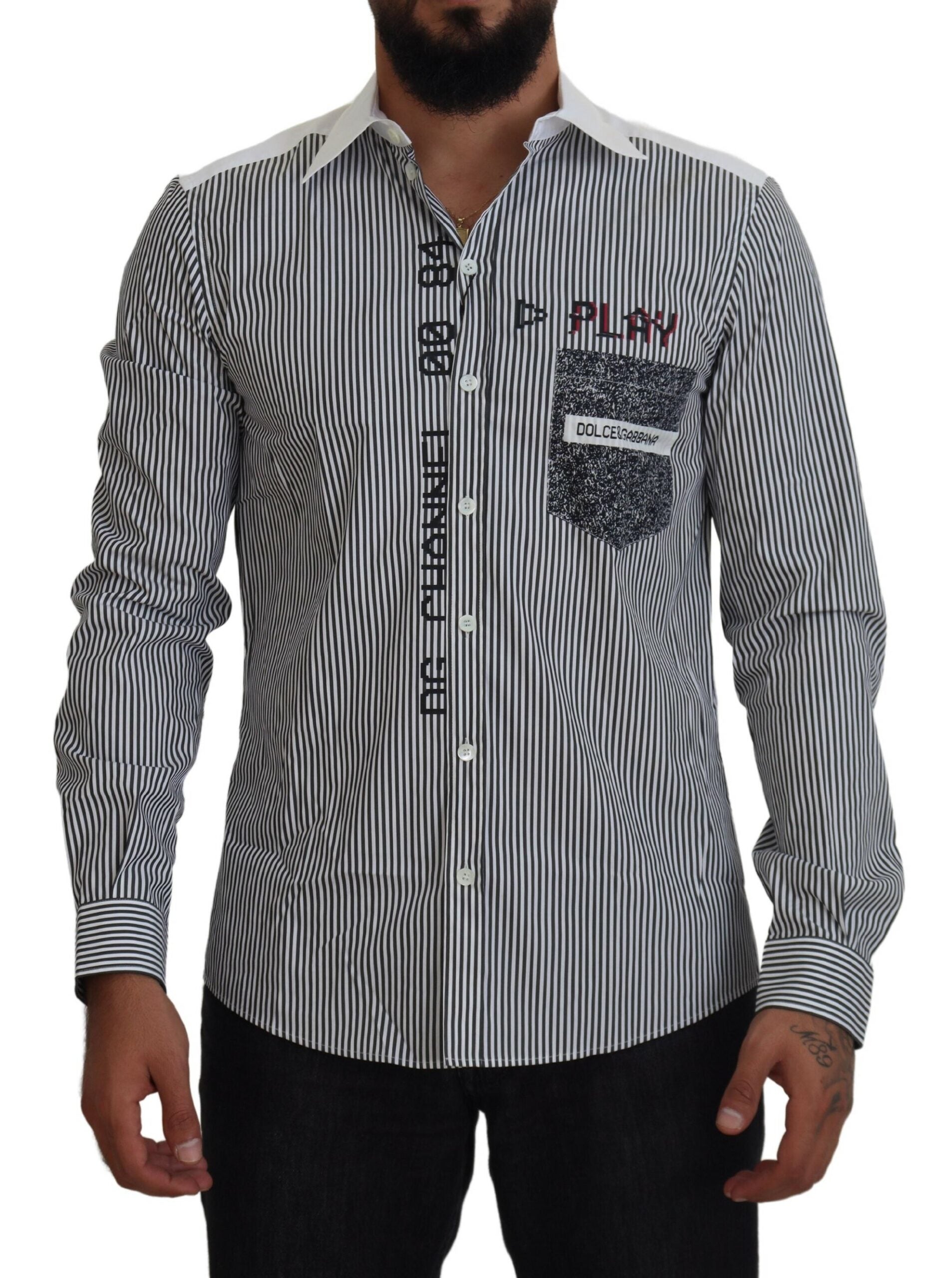 Chemise slim fit à rayures grises et blanches Dolce & Gabbana, vue de face, élégante et moderne.
