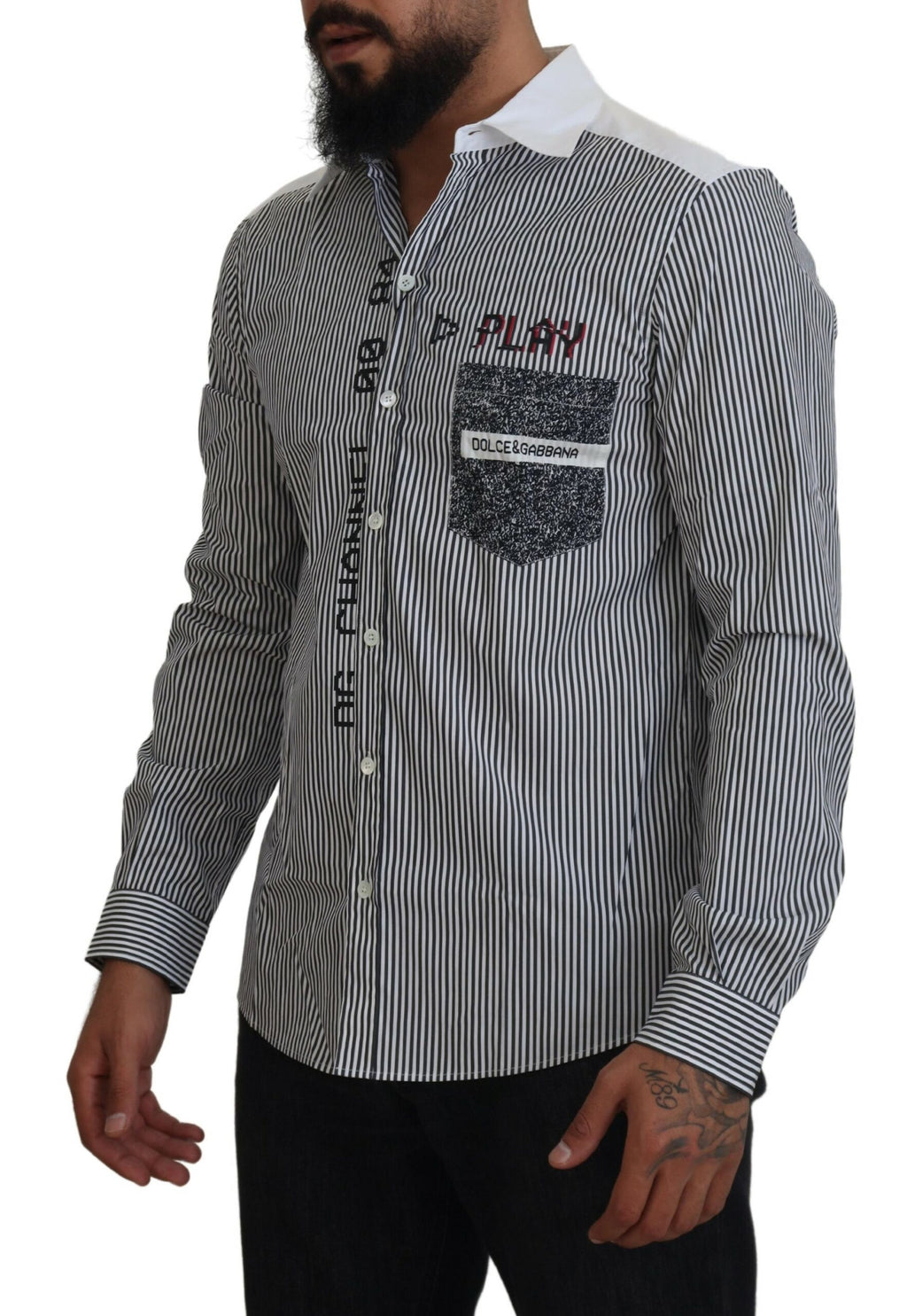 Chemise slim fit à rayures grises et blanches de Dolce & Gabbana, en tissu léger et élégant.