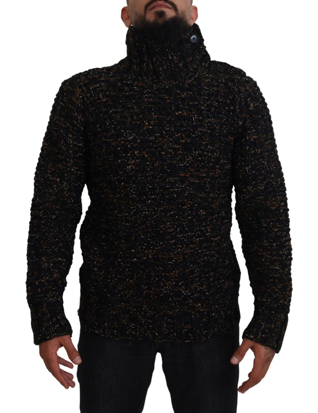 Pull en laine marron Dolce & Gabbana à col roulé fait main, détail tissé, douceur et élégance pour l'hiver.