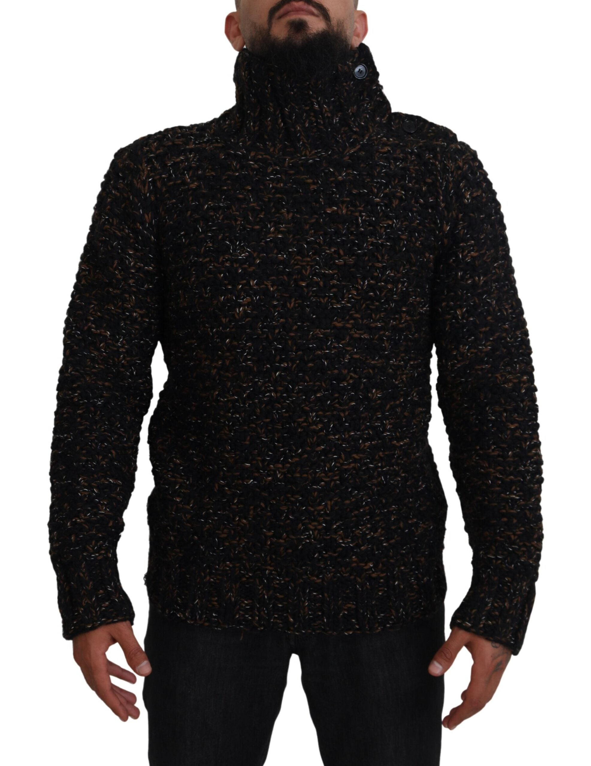 Pull en laine marron Dolce & Gabbana à col roulé fait main, détail tissé, douceur et élégance pour l'hiver.