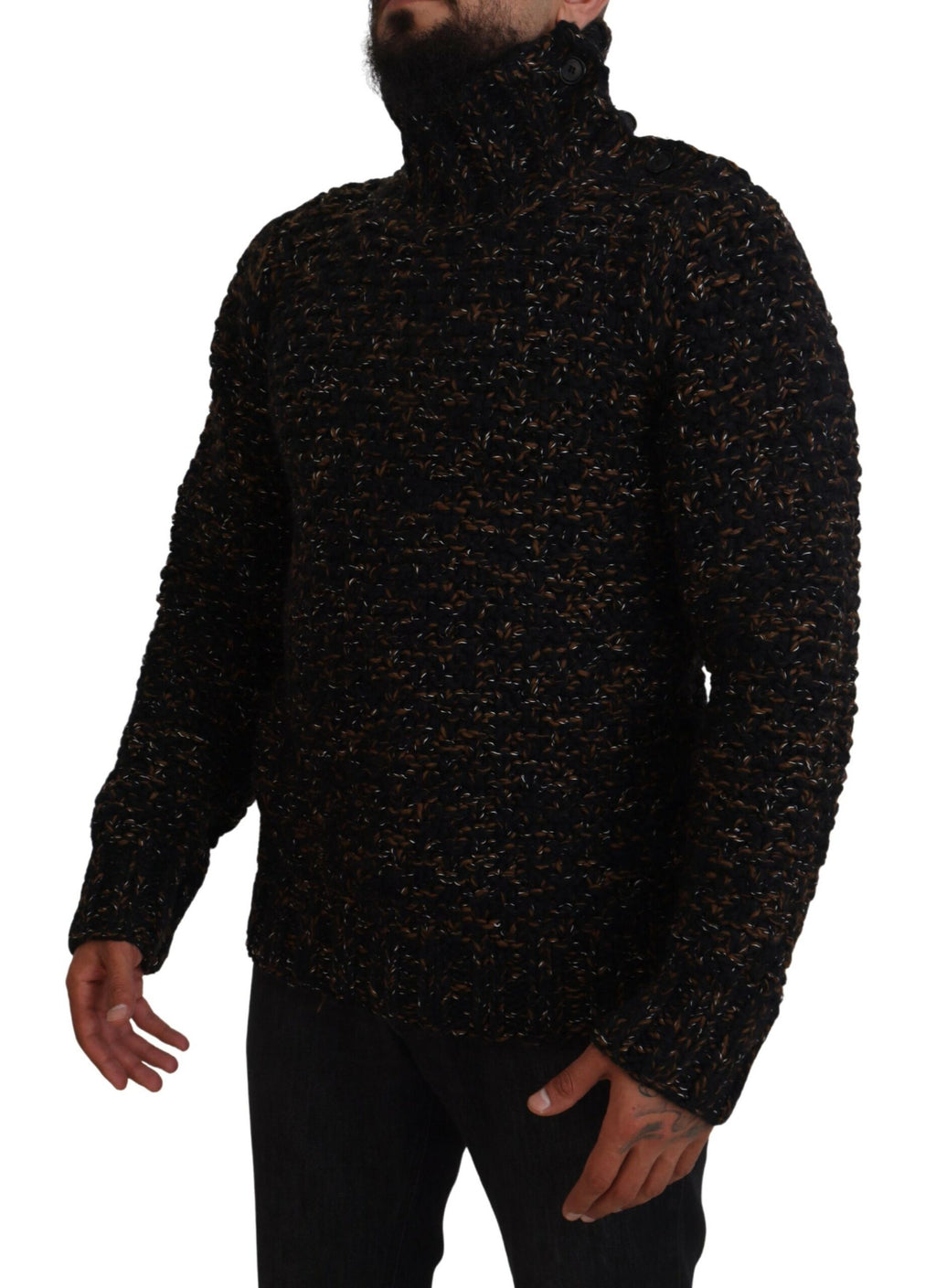 Pull à col roulé marron Dolce & Gabbana en laine faite à la main, détail de texture et finition élégante visible.