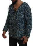 Cardigan bleu Dolce & Gabbana en laine fait main avec boutons, élégant et confortable, porté sur un mannequin.