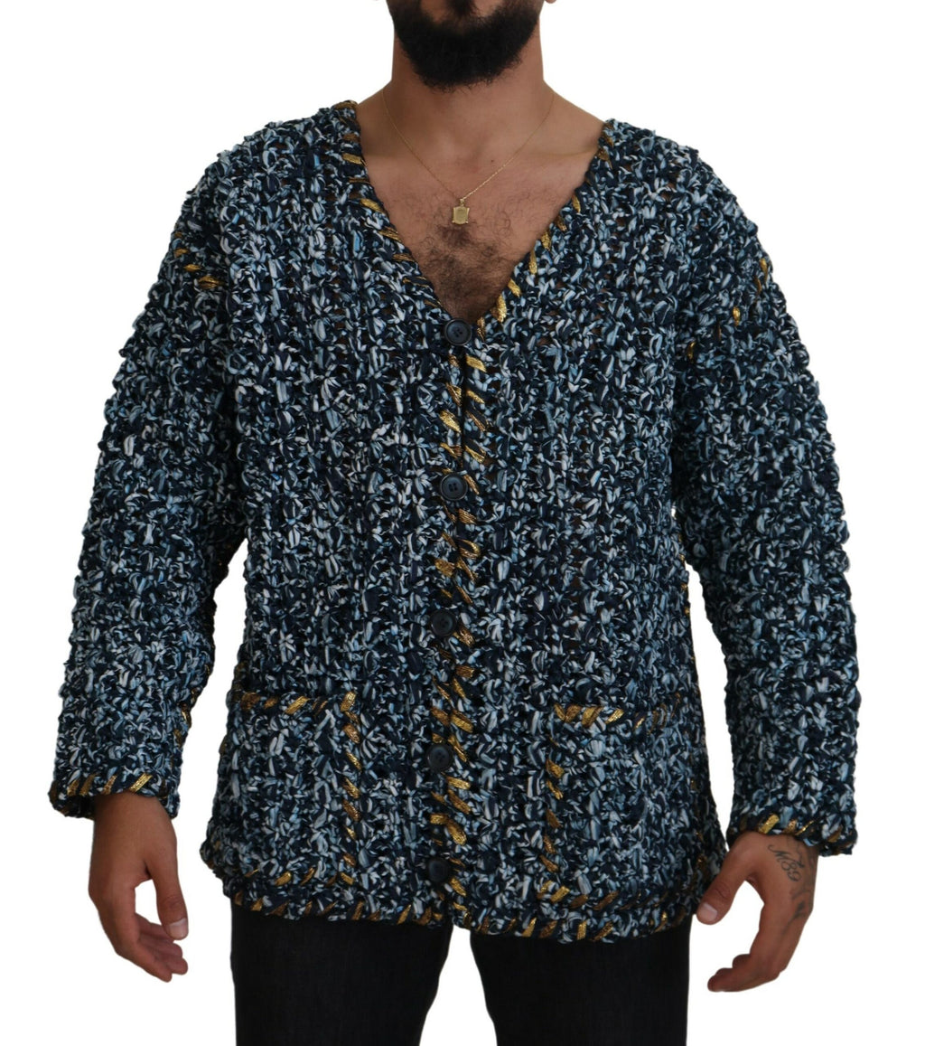 Cardigan bleu Dolce & Gabbana à boutons, fait main, pull en laine avec détails élégants et finition soignée.